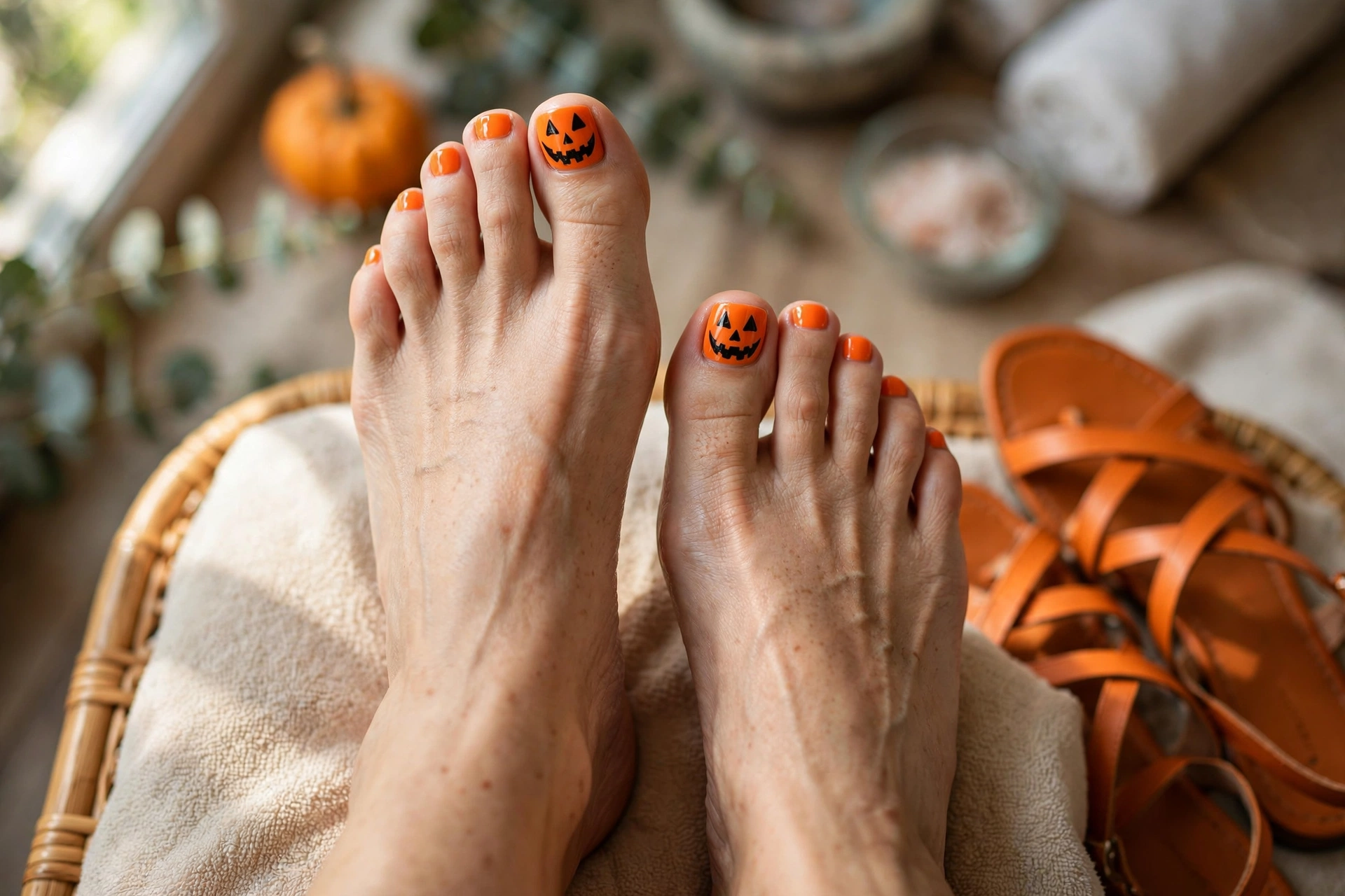 Jack-o'-lantern face halloween toe nail designs on bright orange polish