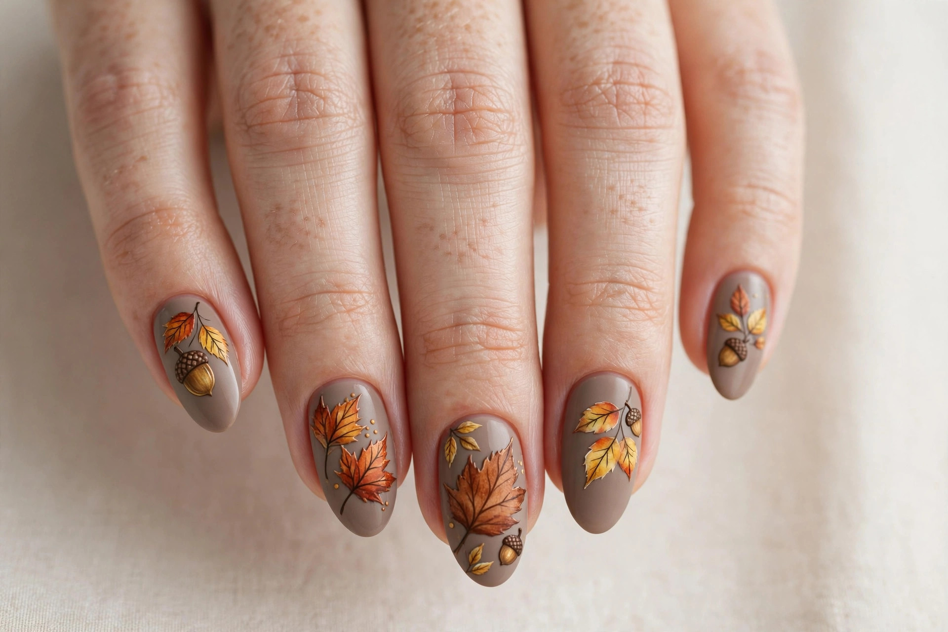 Hand-painted autumn leaves nail art on a taupe base
