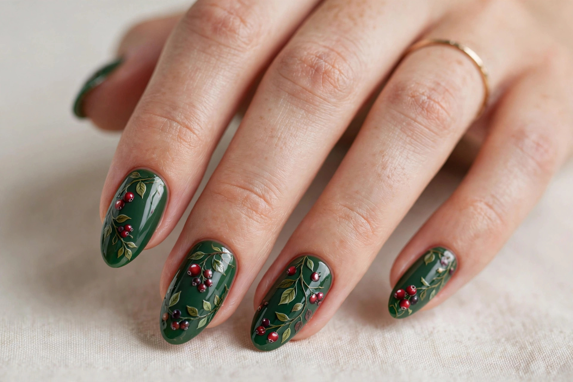 Harvest berry vine nail art on deep green nails