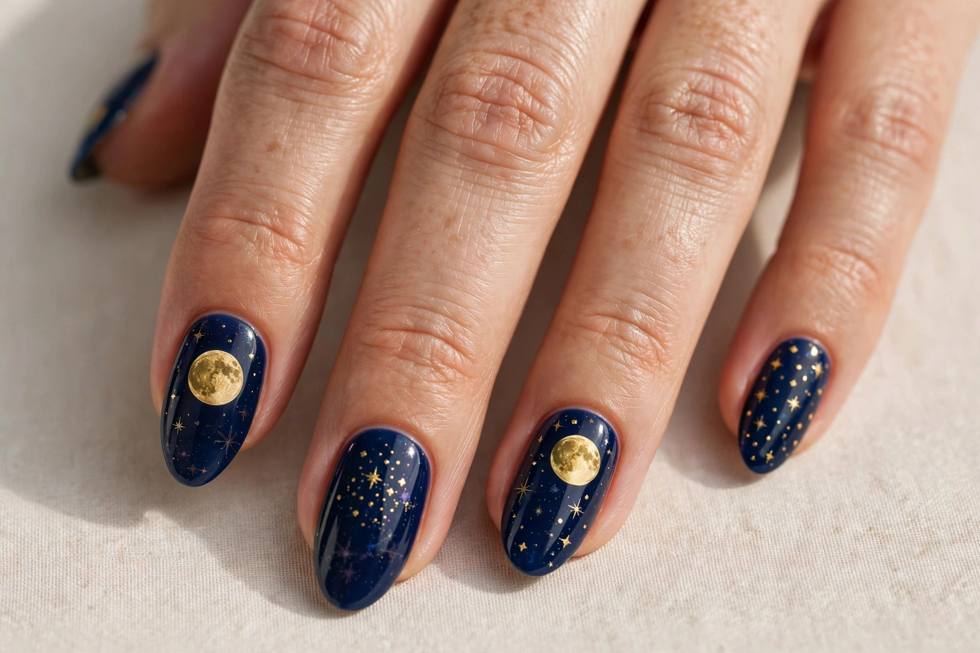 Harvest moon night sky fall nail art with golden moon and stars
