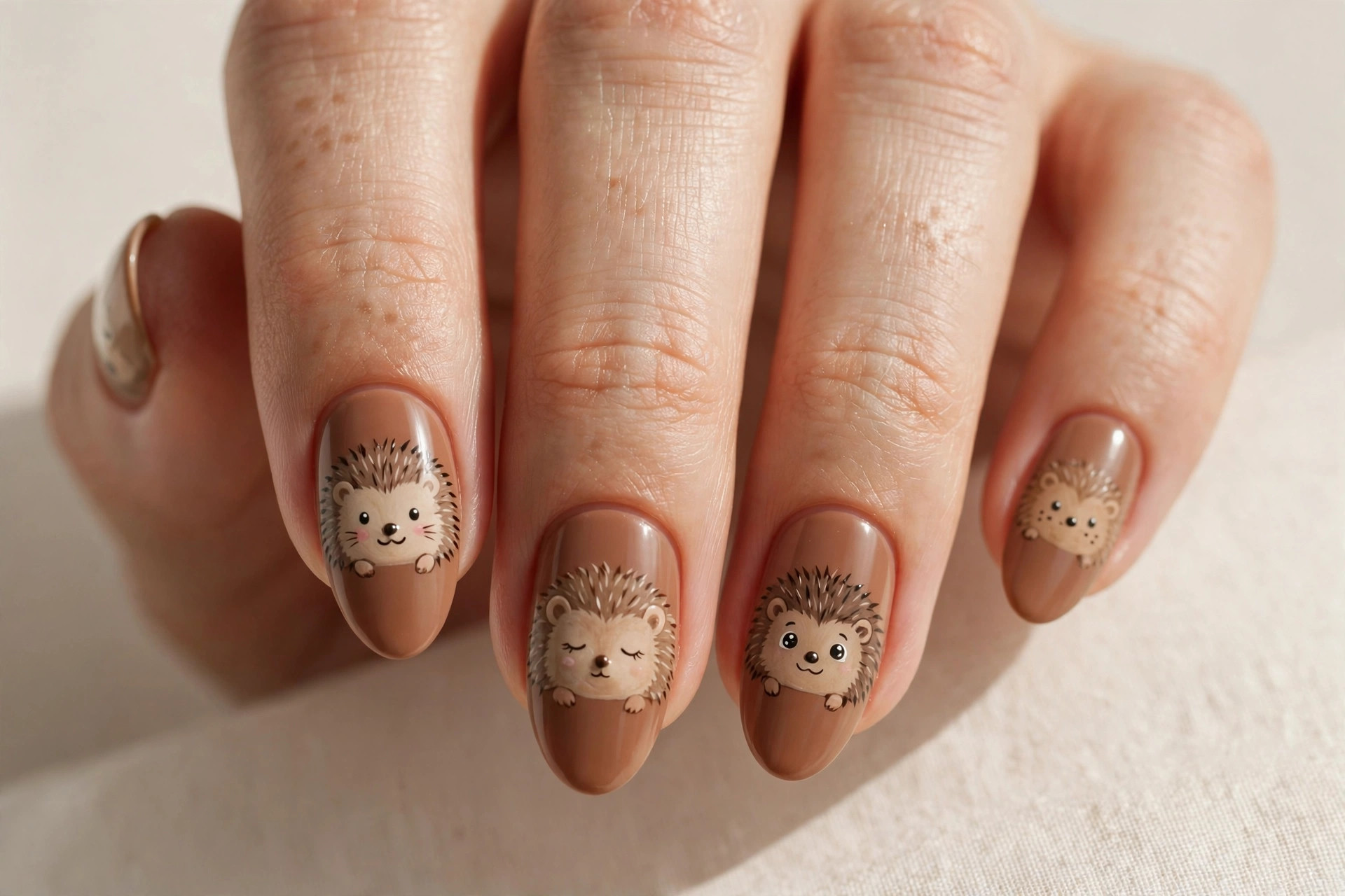 Close-up of a woman's hand with cute hedgehog faces in brown tones fall nail art on almond shaped nails