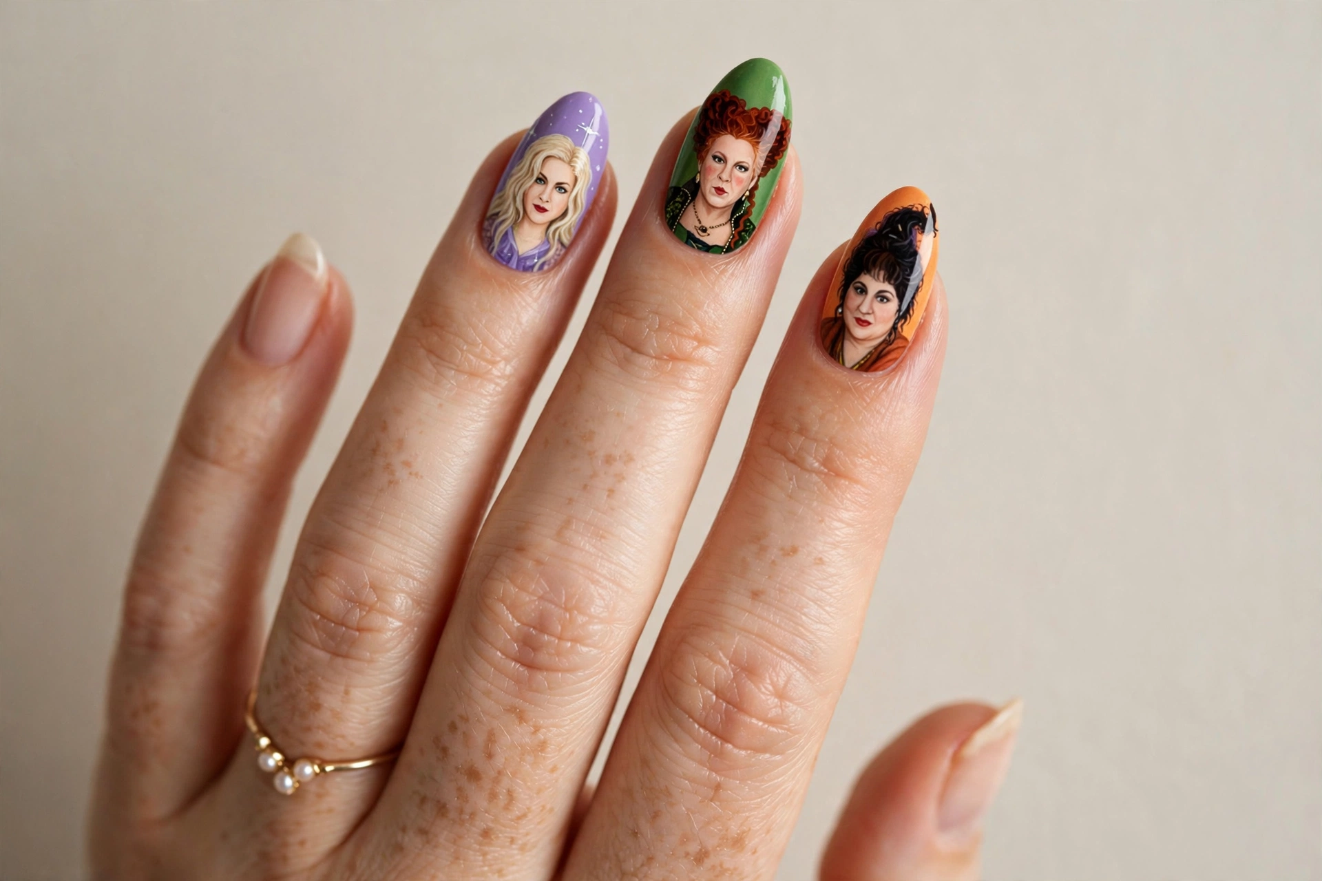 Sanderson sisters portrait nail art with three witch faces in purple green and orange
