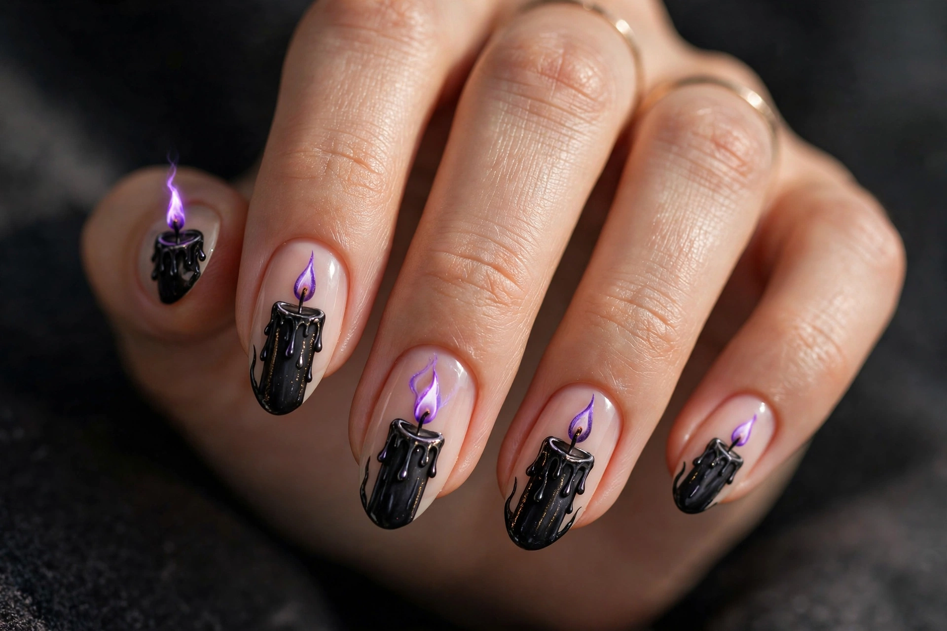 Black flame candle nail art with glowing purple flame on dark nails