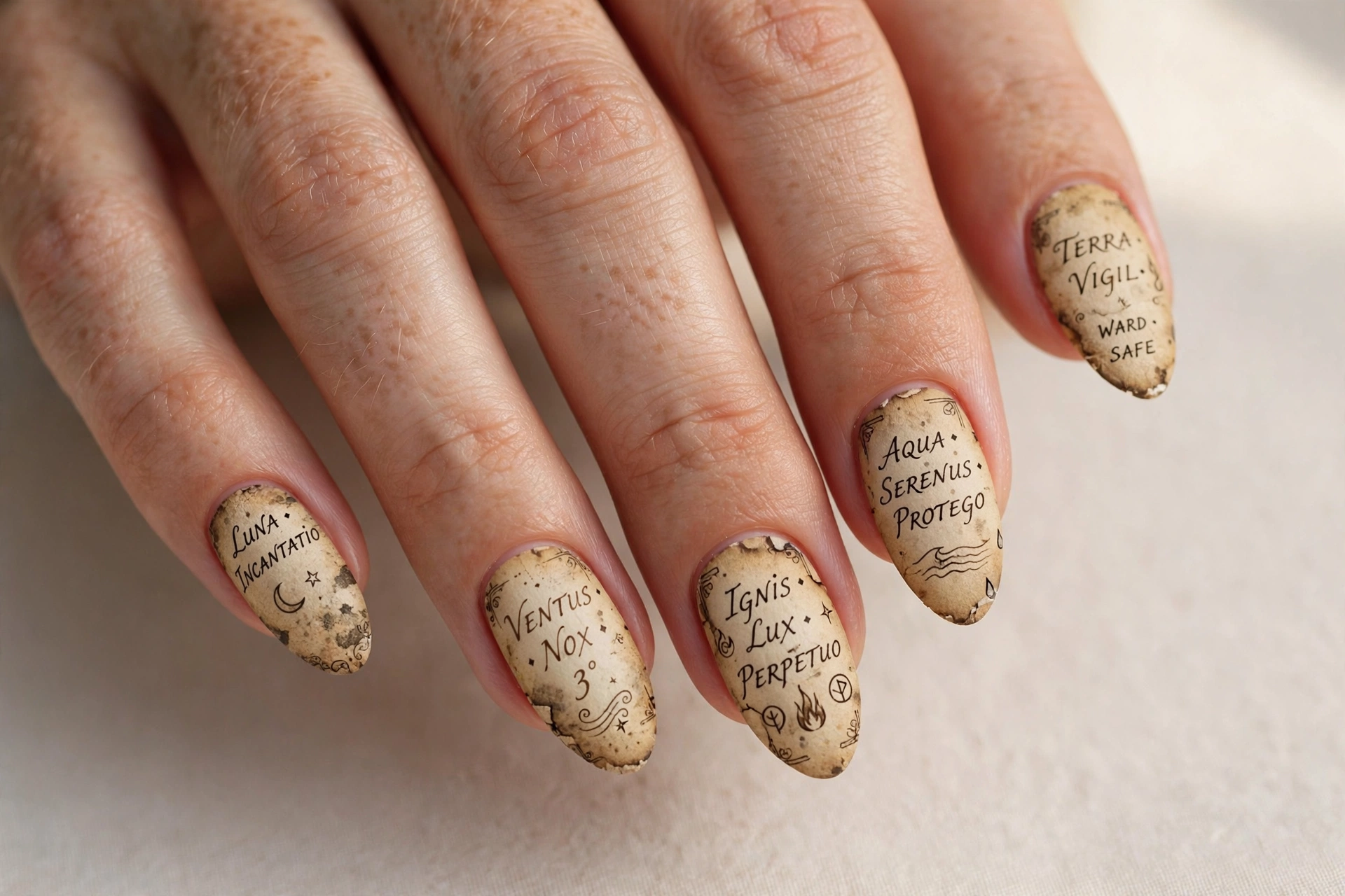 Vintage spell book page nail art with handwritten script on aged parchment