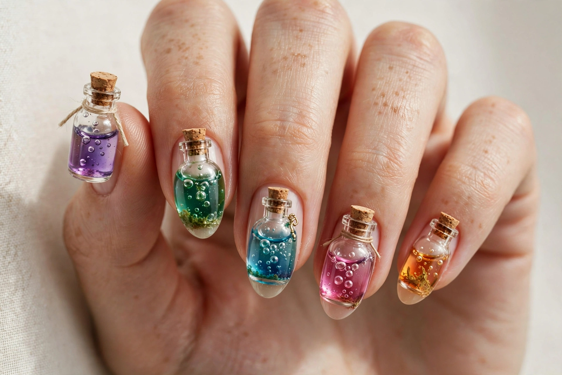 Colorful potion bottle nail art with tiny glass bottles and bubbling liquids