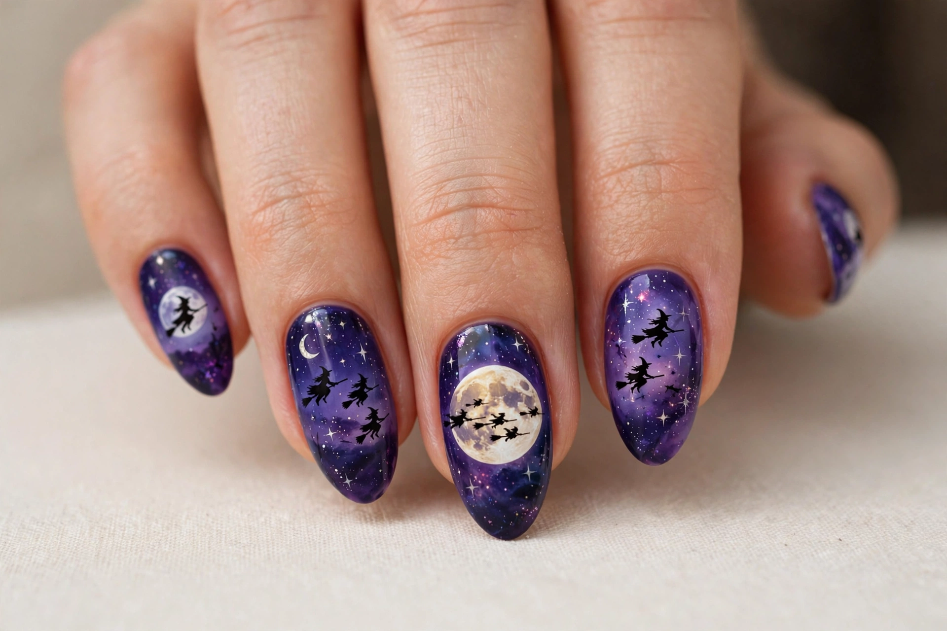 Witch broomstick silhouettes flying across a full moon on purple nails