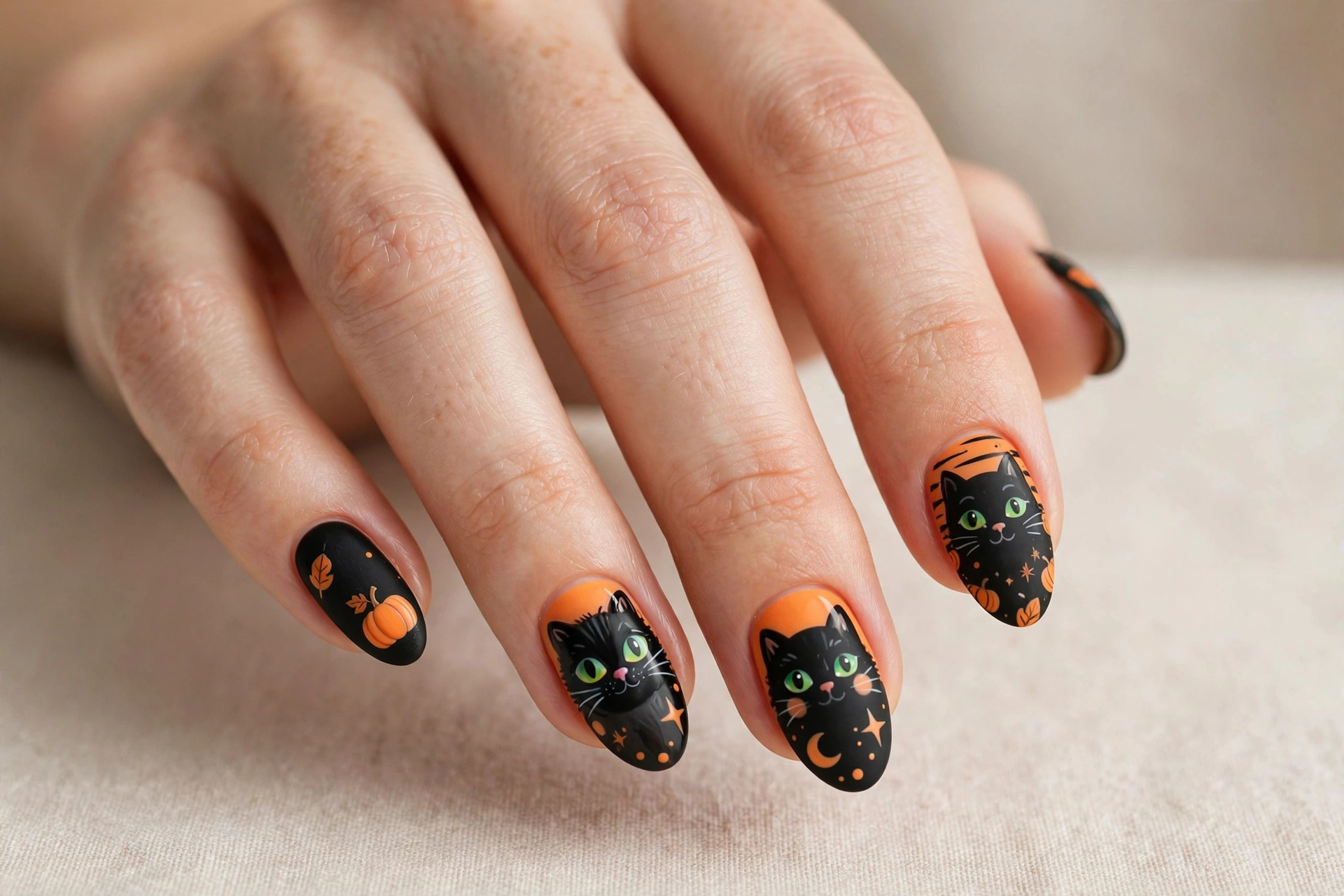 Cute black cat face nail art with green eyes on orange and black nails