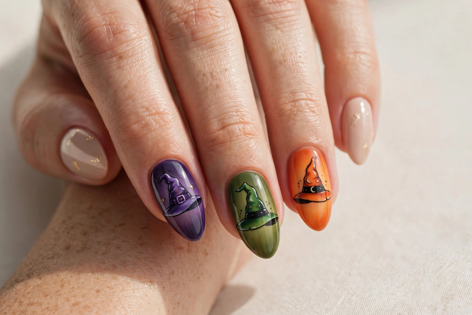 Three witch hats nail art in purple green and orange on almond nails