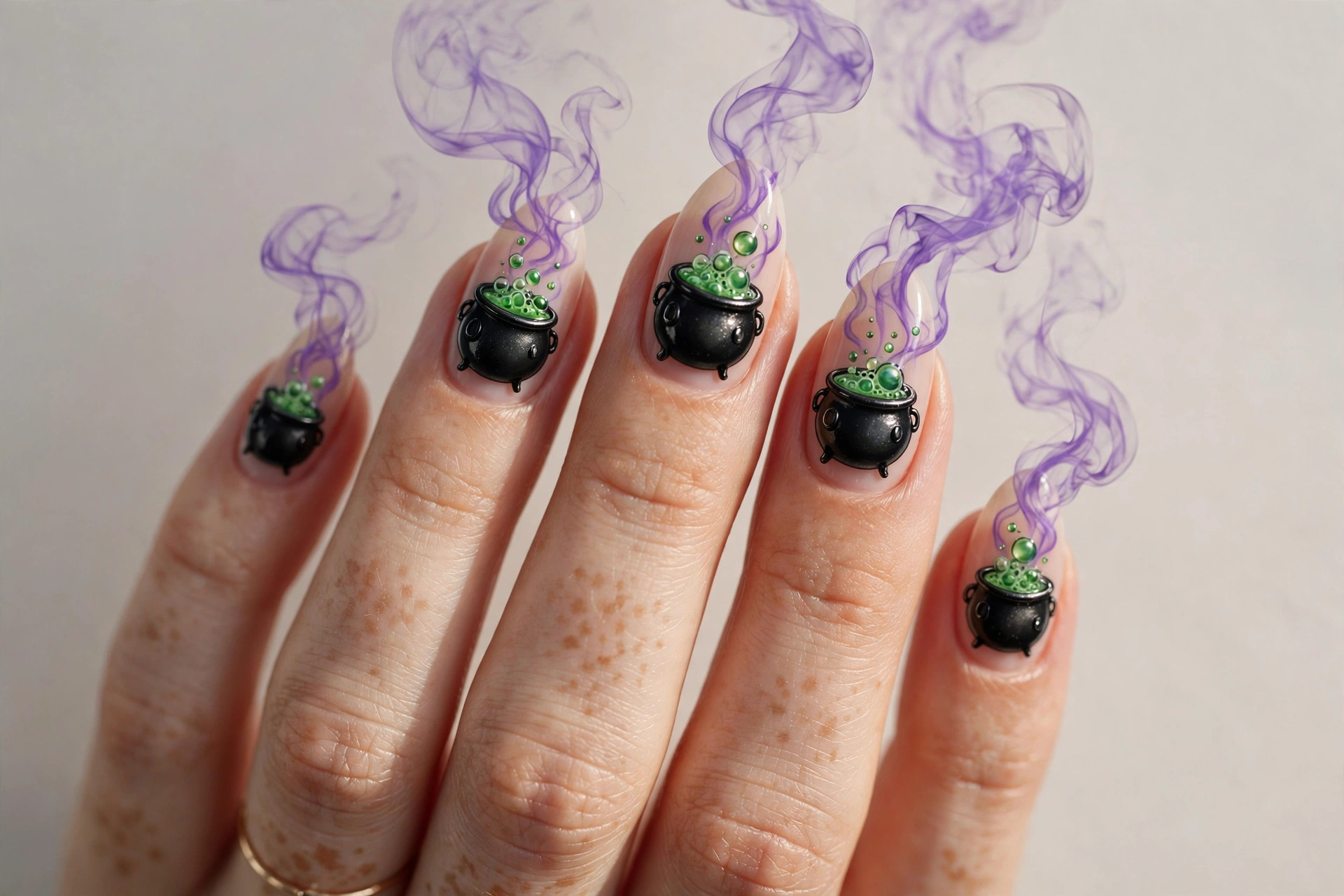 Bubbling witch cauldron nail art with green potion and purple smoke