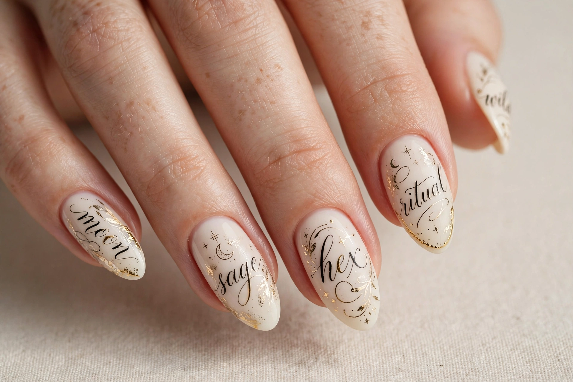 Elegant script lettering nail art with witchy calligraphy in black and gold