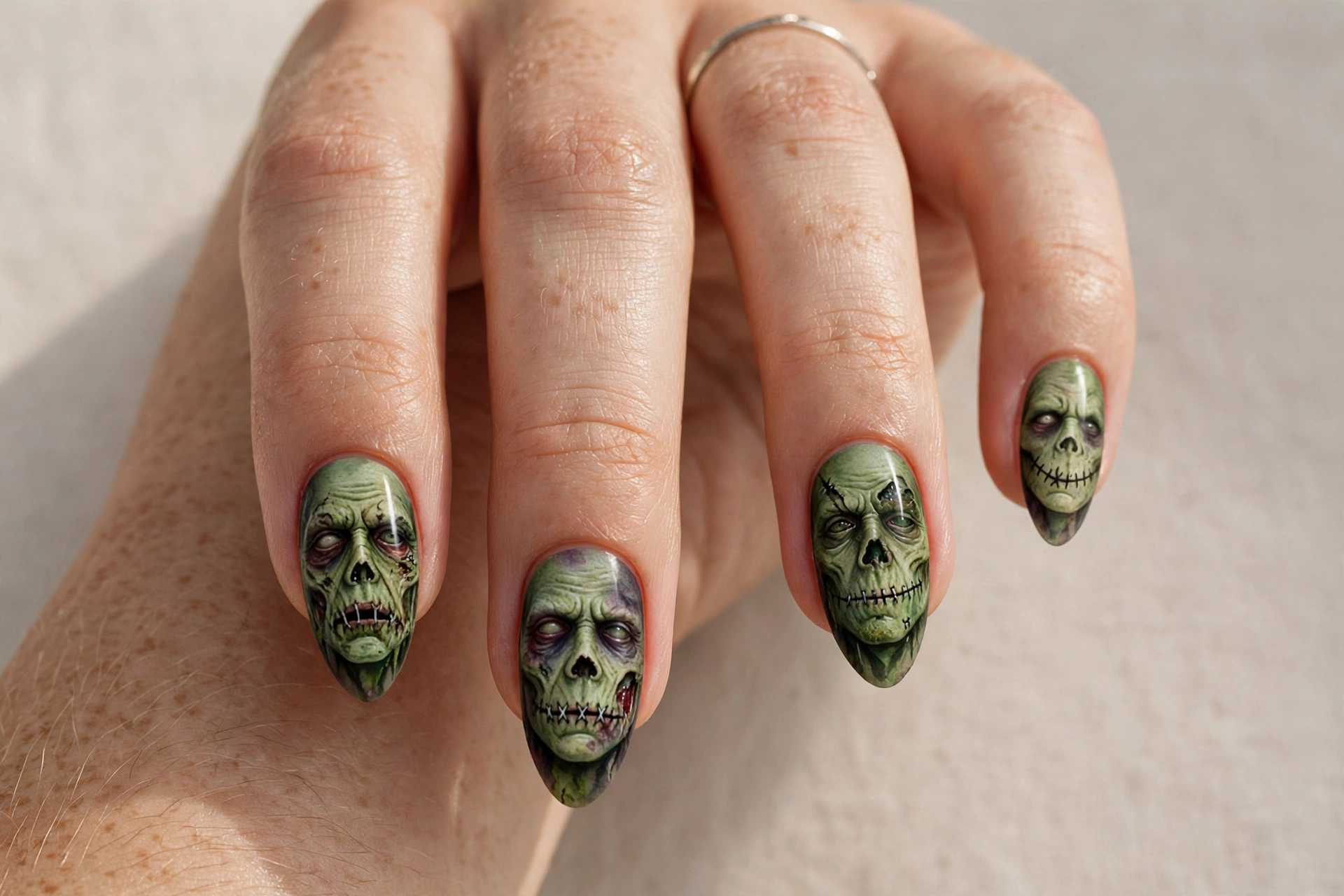 Spooky zombie nail art with stitched undead face in dark halloween colors