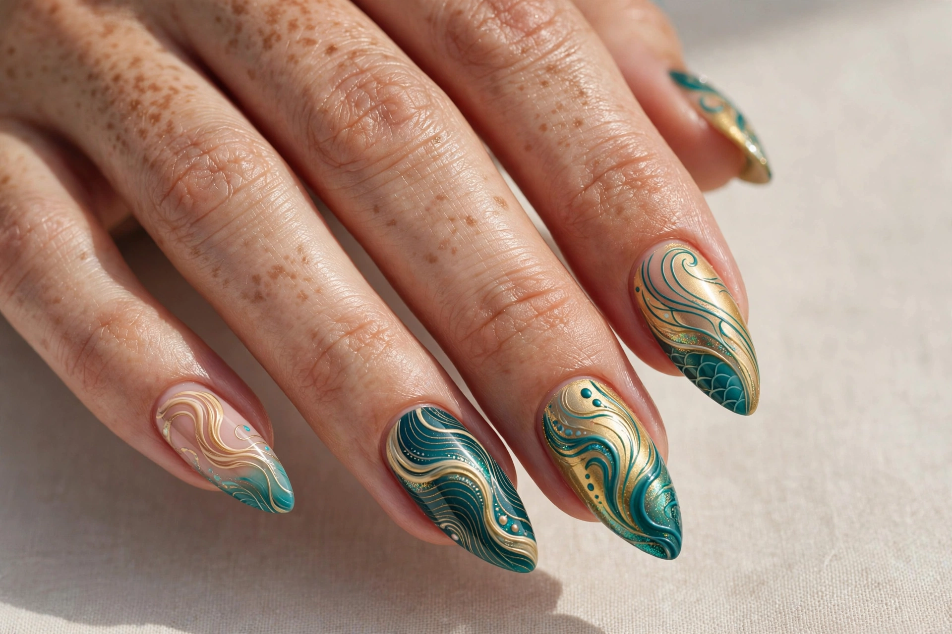 Blonde and teal siren-inspired nail art with flowing golden waves