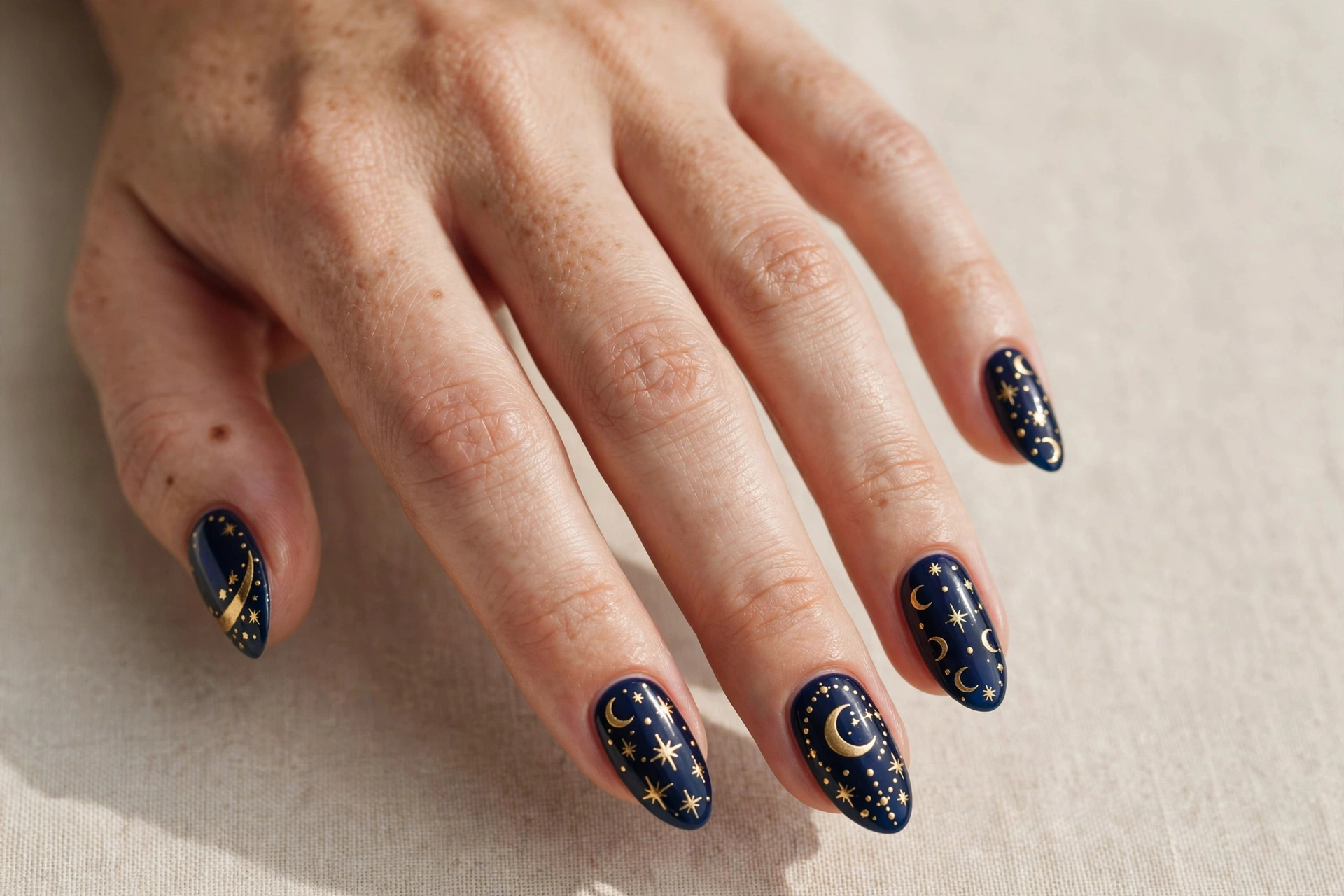 Gold stars and crescent moons nail art on deep midnight blue nails