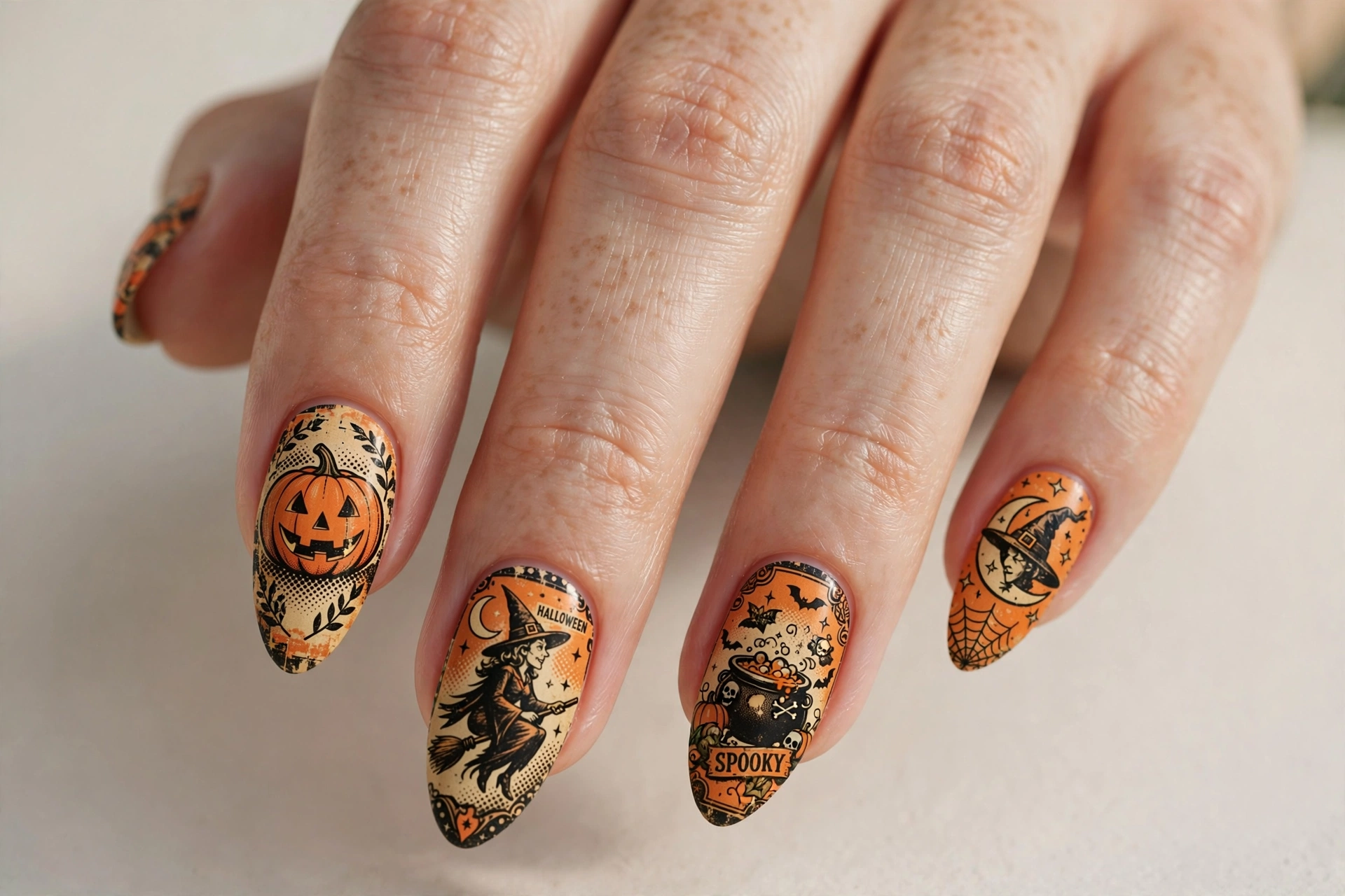Vintage halloween poster style nail art with retro pumpkin and witch motifs