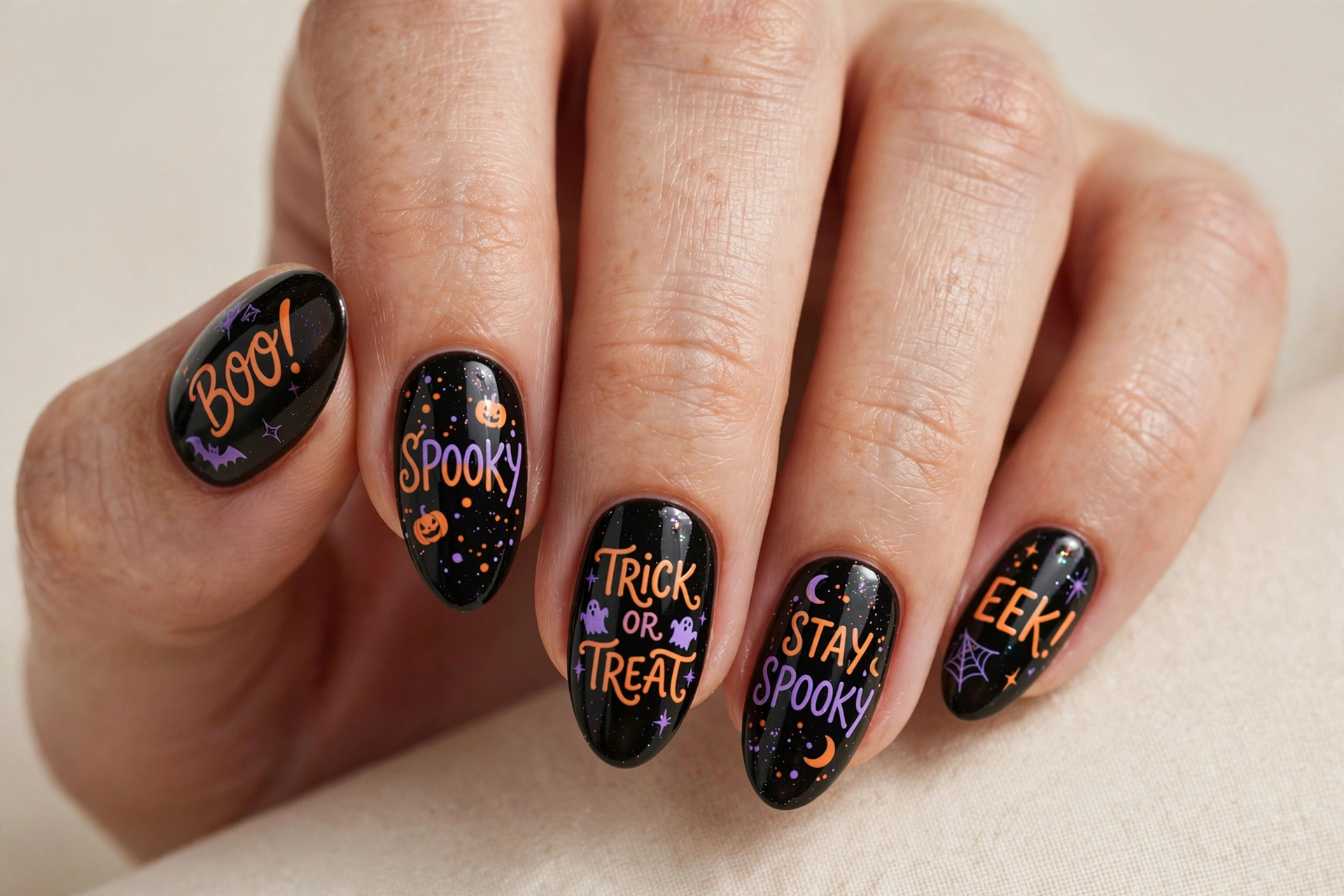 Playful halloween quote lettering nail art in orange and purple on black