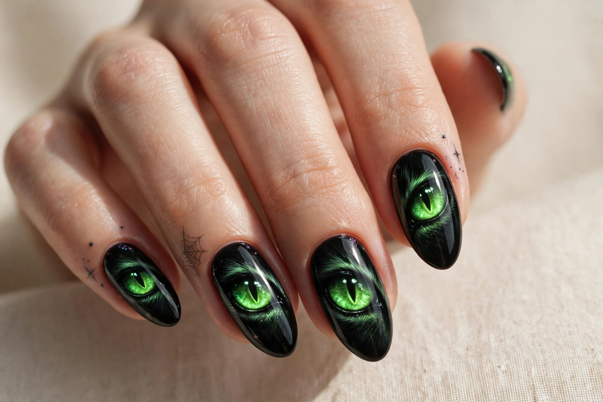 Glowing green cat eyes nail art staring from dark black nails