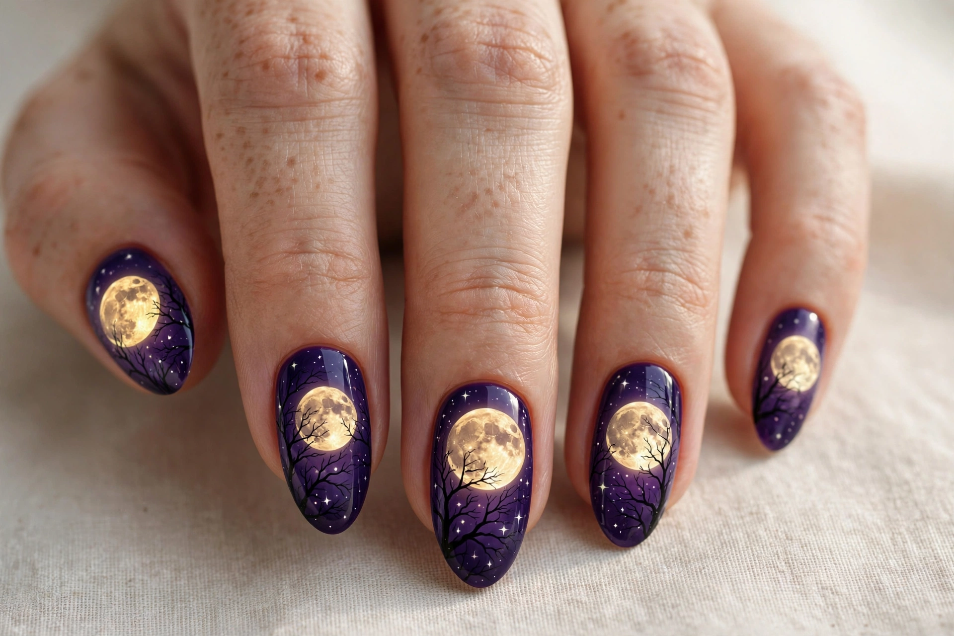 Glowing full moon with bare tree branches nail art on deep purple nails