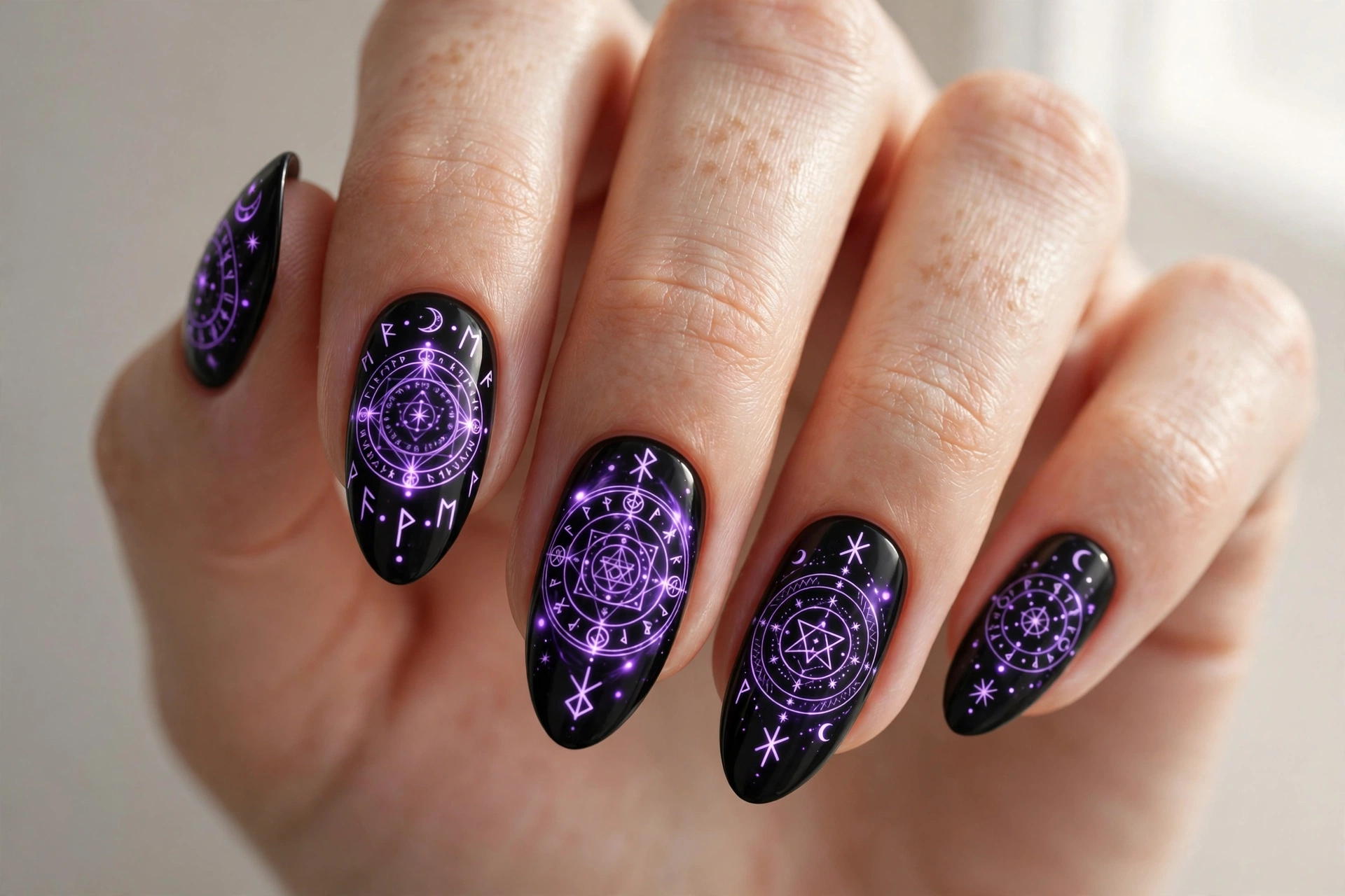 Glowing purple magic spell circle with mystical runes on black nails