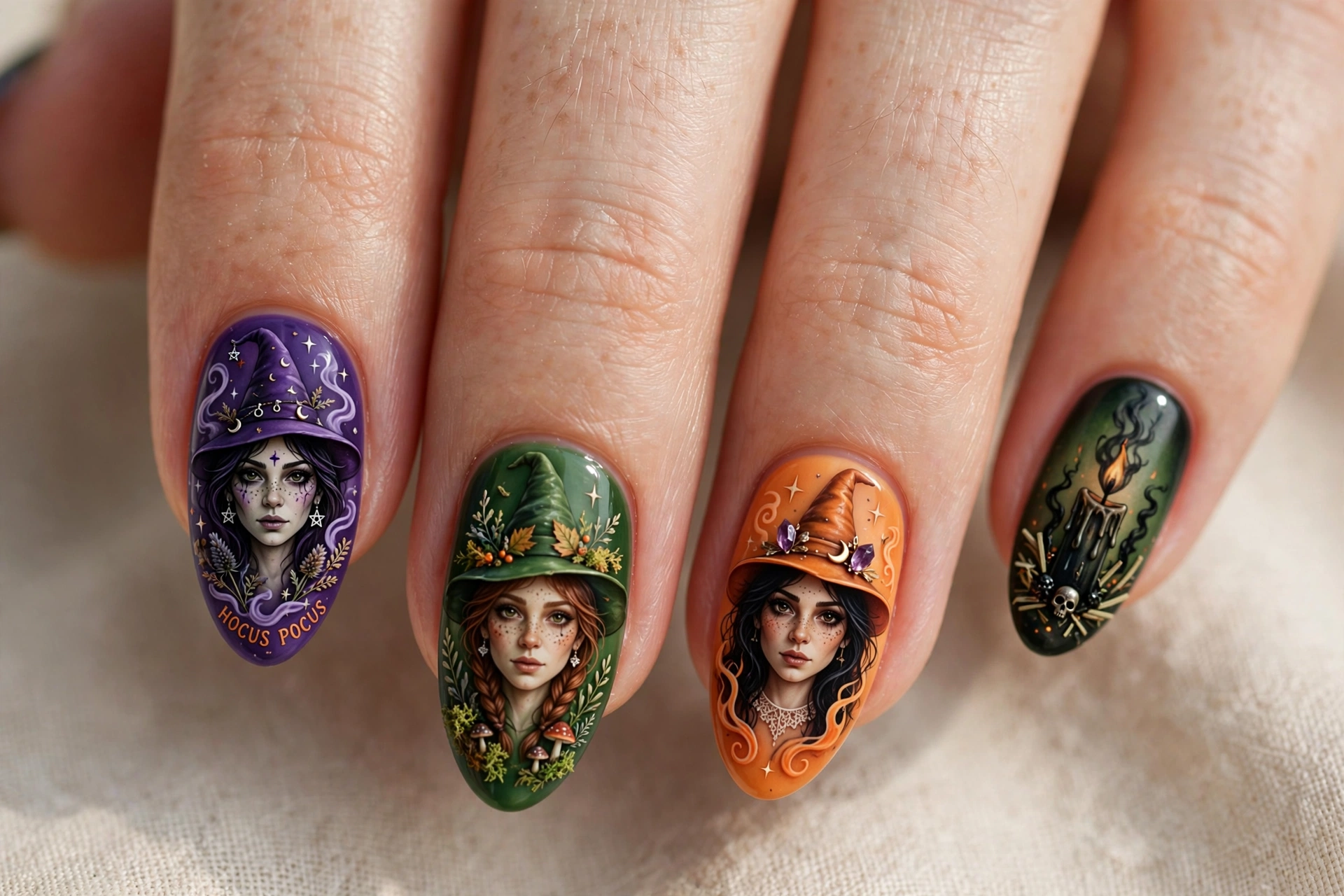 Spooky Hocus Pocus nail art with three witch sisters and a black flame candle