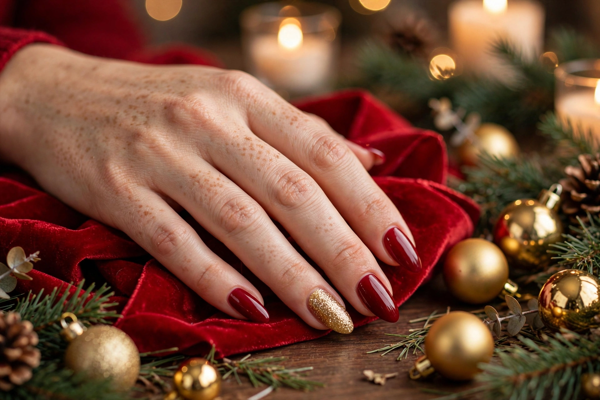 Classic deep red holiday nails with gold glitter accent nails on long almond nails