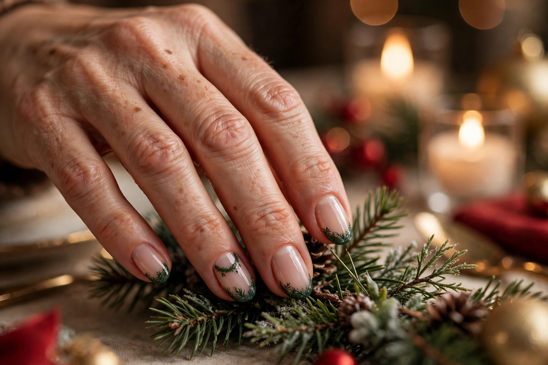 Sheer nude nails with deep evergreen garland-painted tips on oval nails