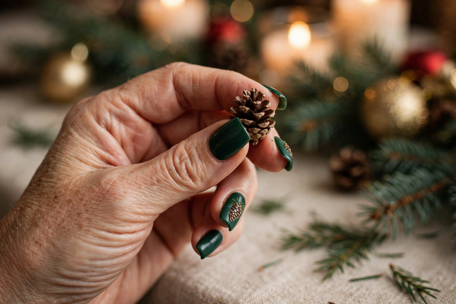 Deep forest green holiday nails with tiny pine cone accent nail art on coffin nails