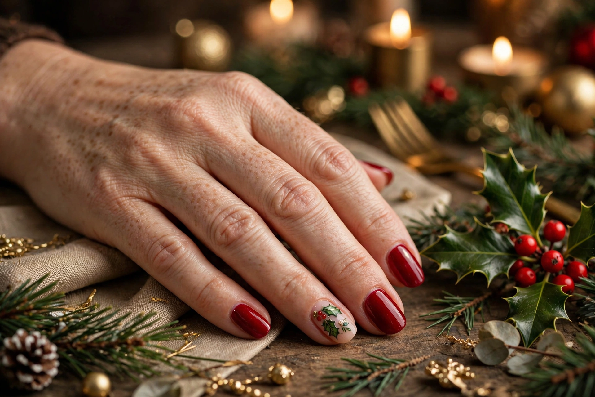 Rich red holiday nails with holly leaf and berry accent nail art on almond nails