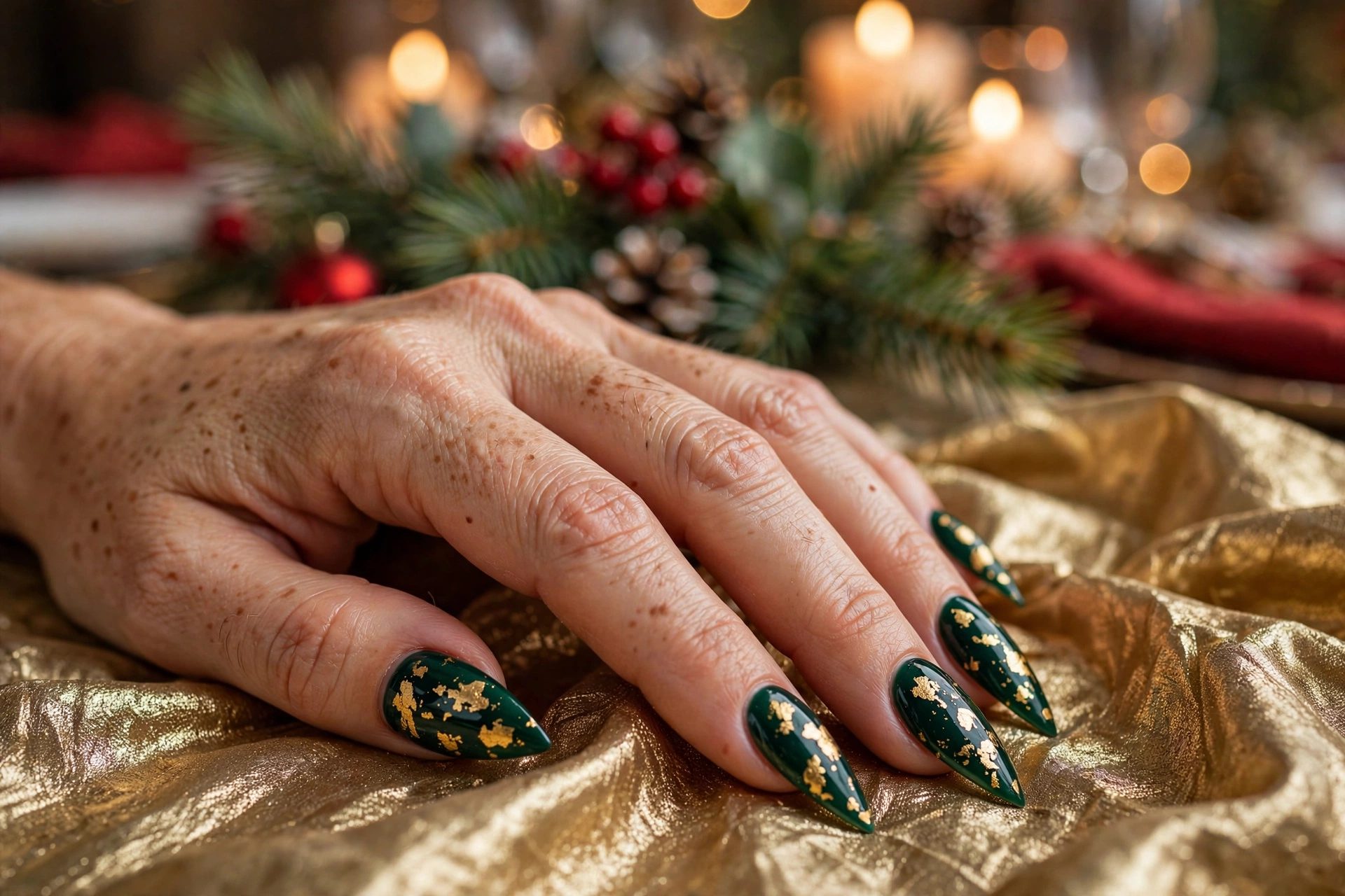 Deep emerald green holiday nails with irregular gold foil flakes on stiletto nails