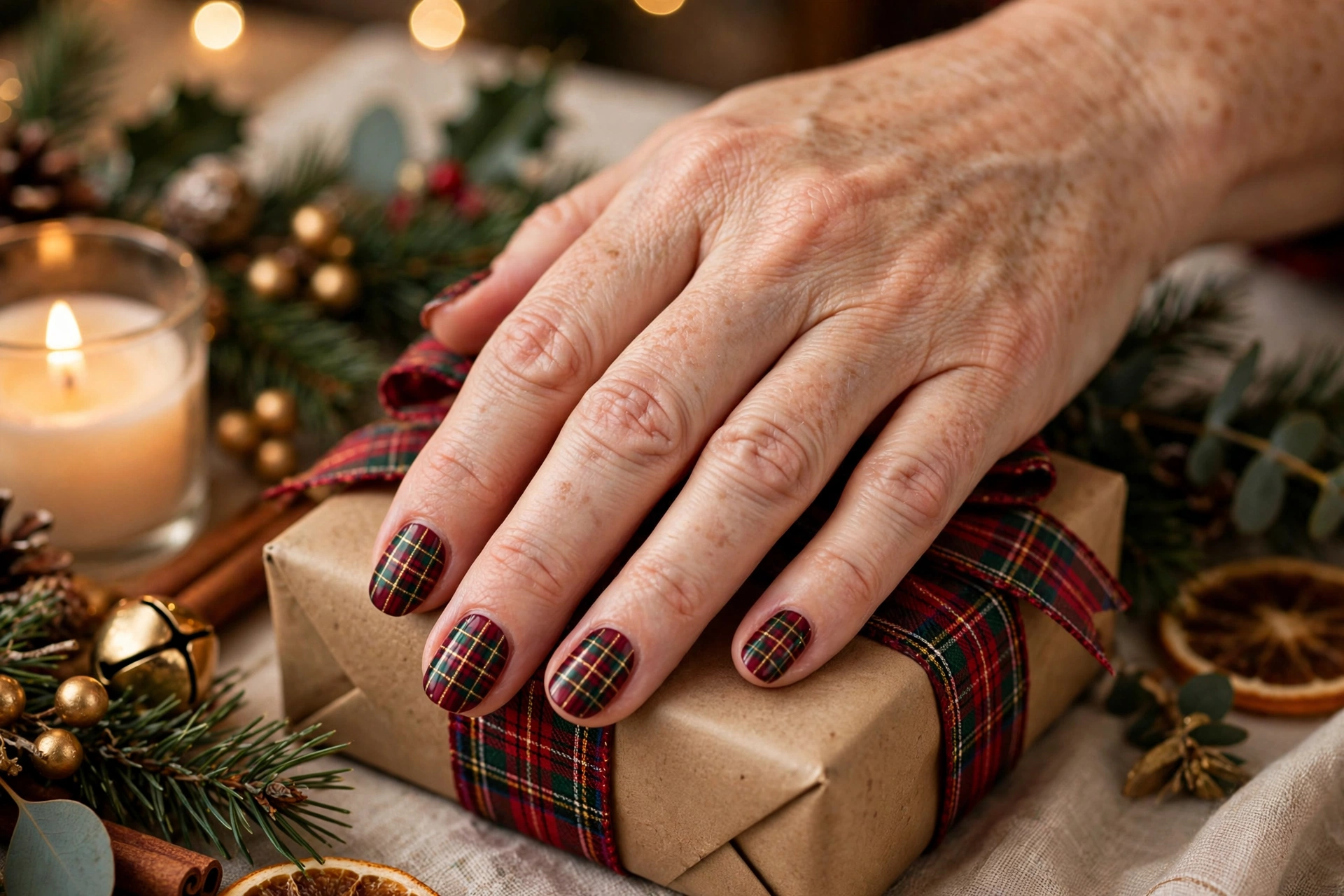 Festive tartan plaid holiday nail art in deep red green and gold on oval nails