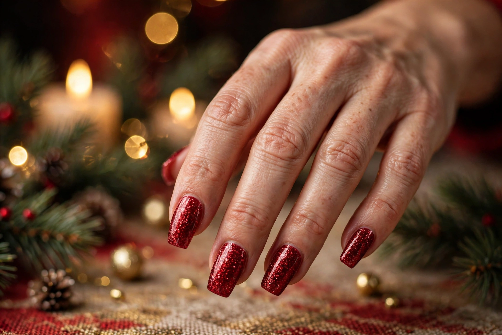 Full coverage ruby red glitter holiday nails on medium coffin nails