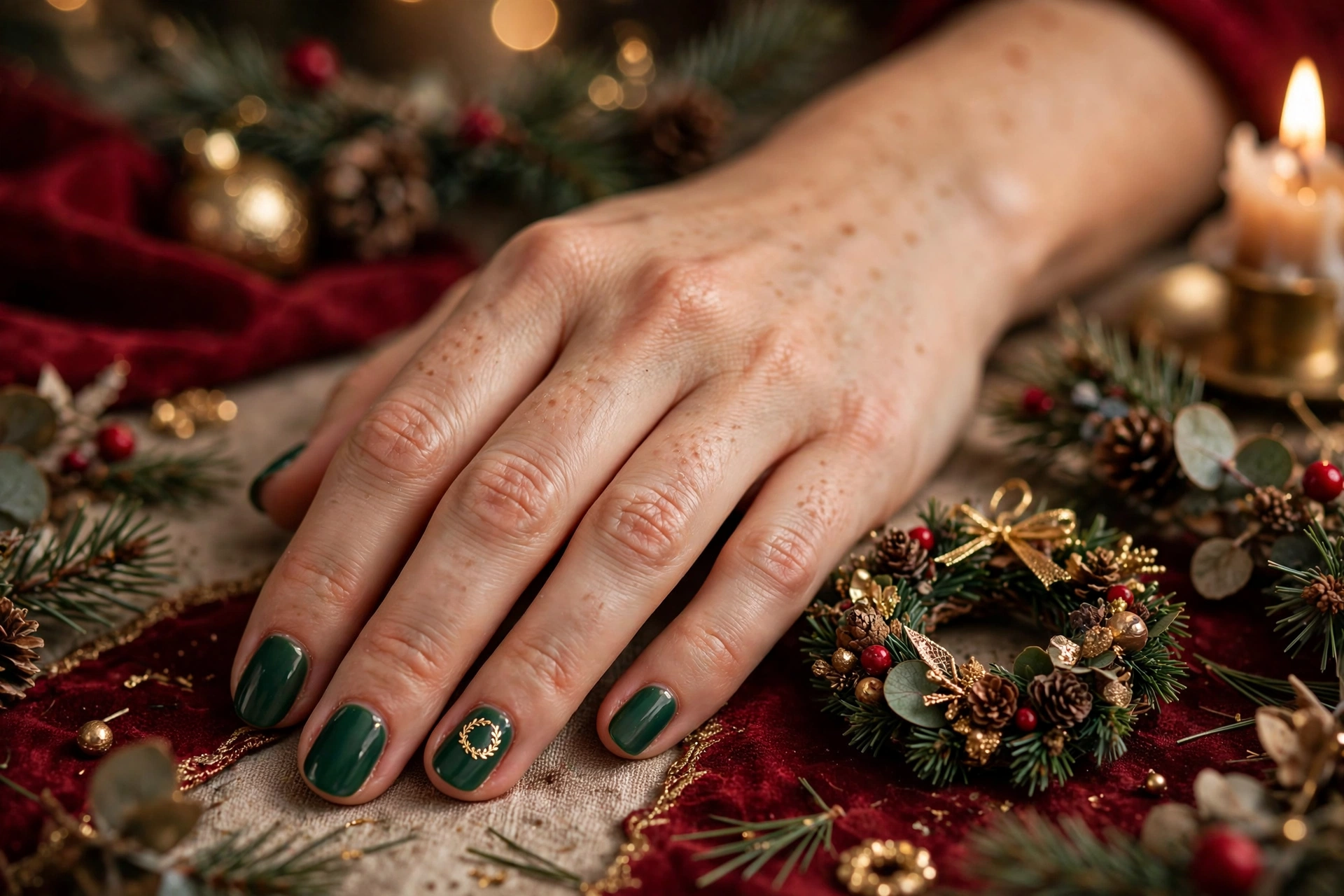 Deep green holiday nails with tiny gold wreath accent art on short almond nails