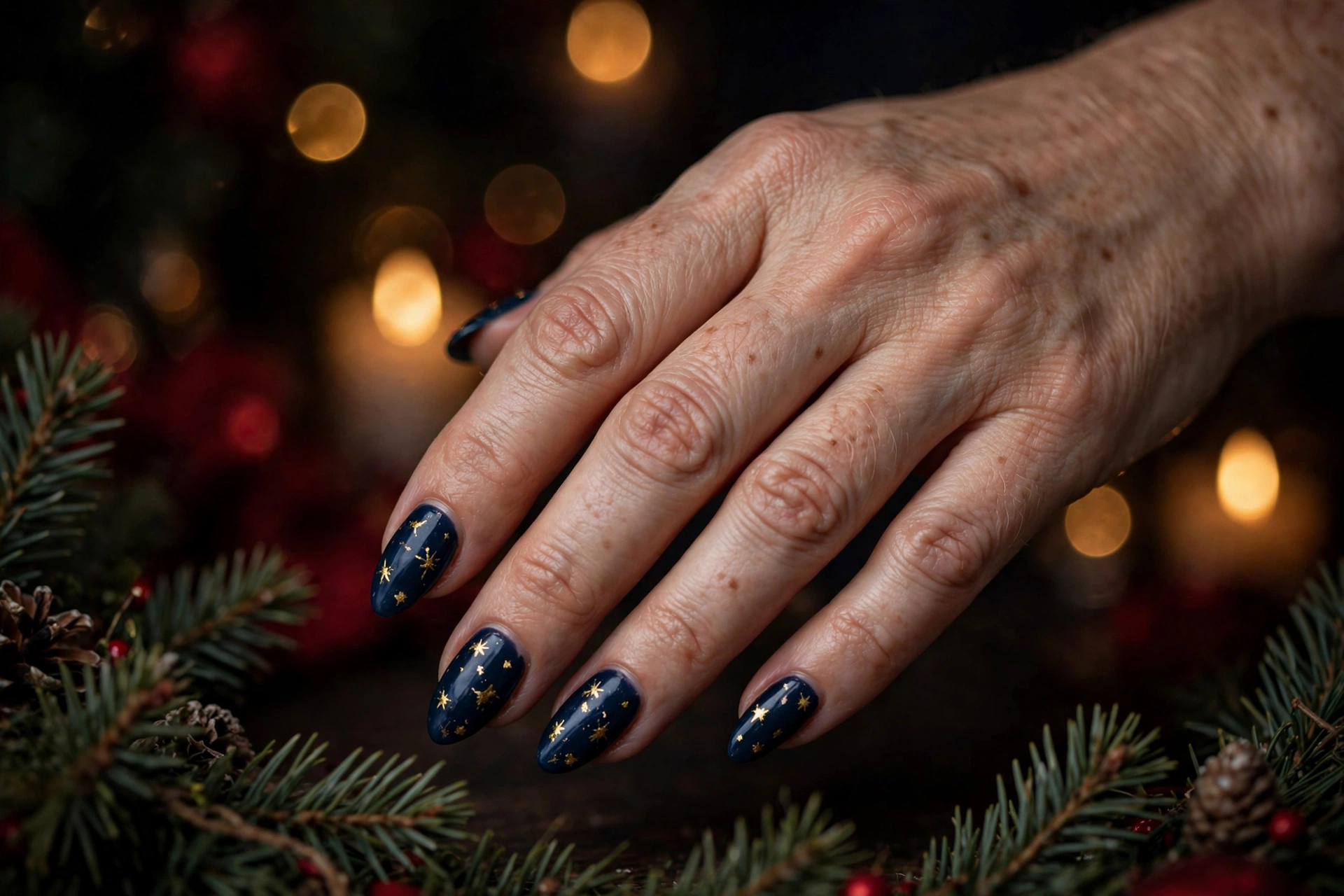 Midnight blue holiday nails with tiny hand-painted gold stars on long almond nails