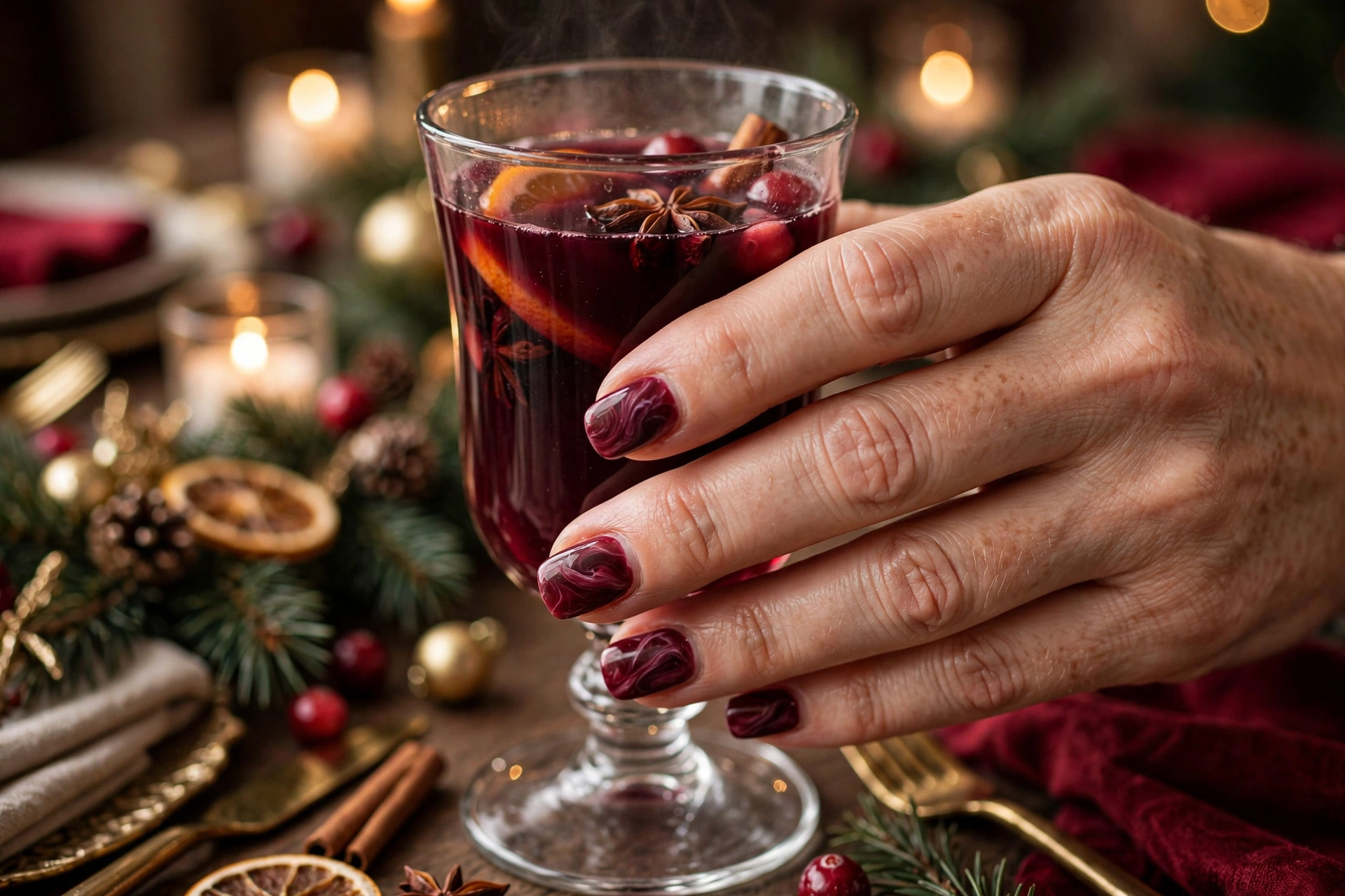 Burgundy mulled wine marble holiday nail art with swirling deep red tones on squoval nails