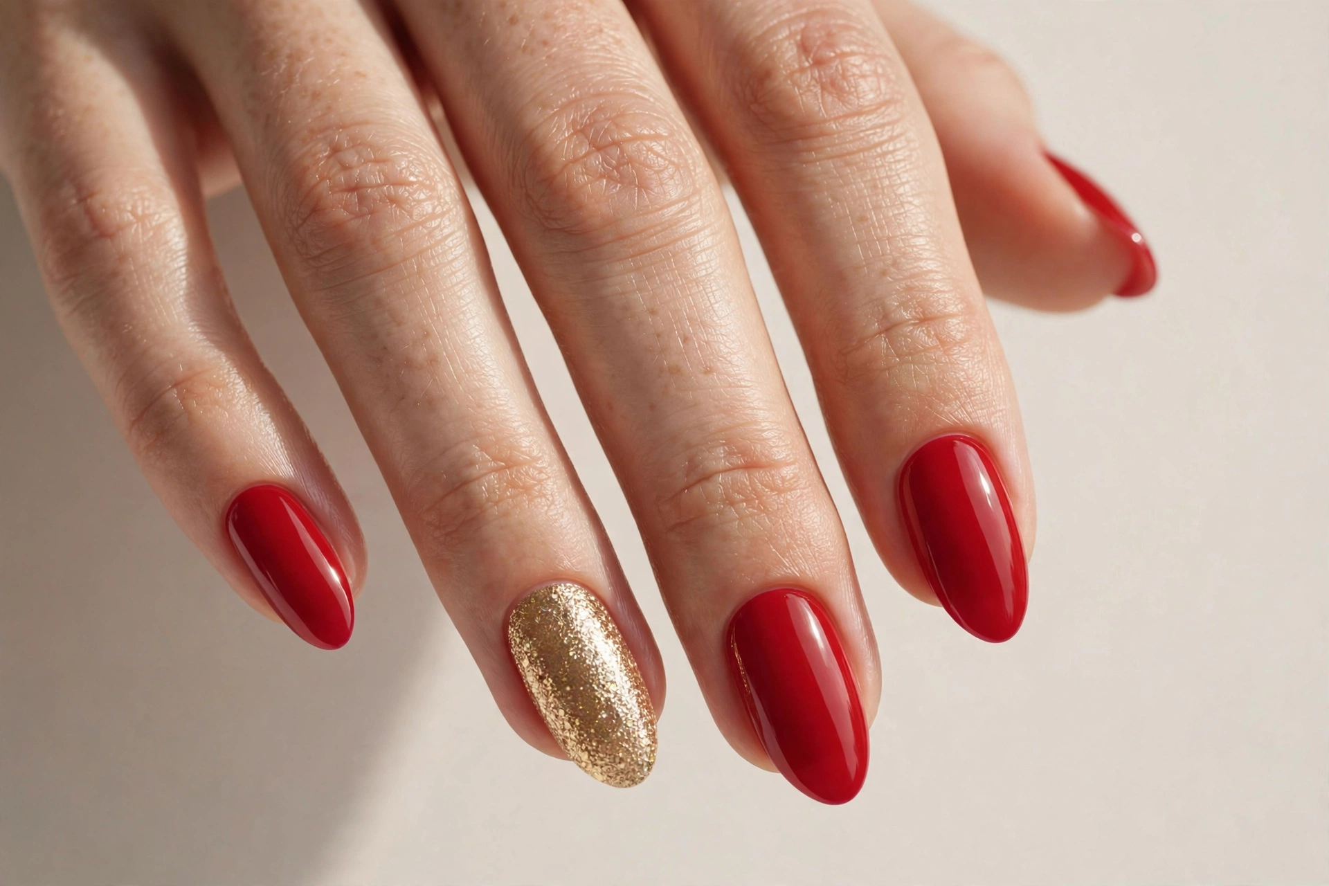 Classic red holiday nails with gold glitter accent nails
