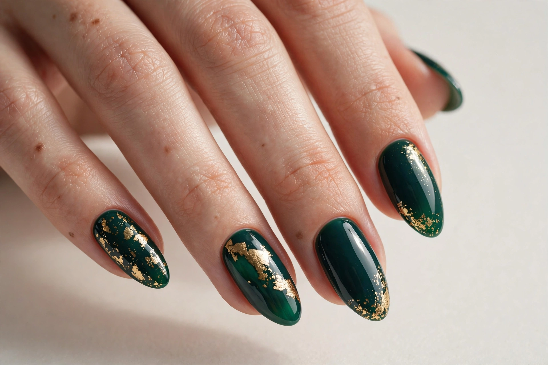 Emerald green holiday nails with gold foil accents