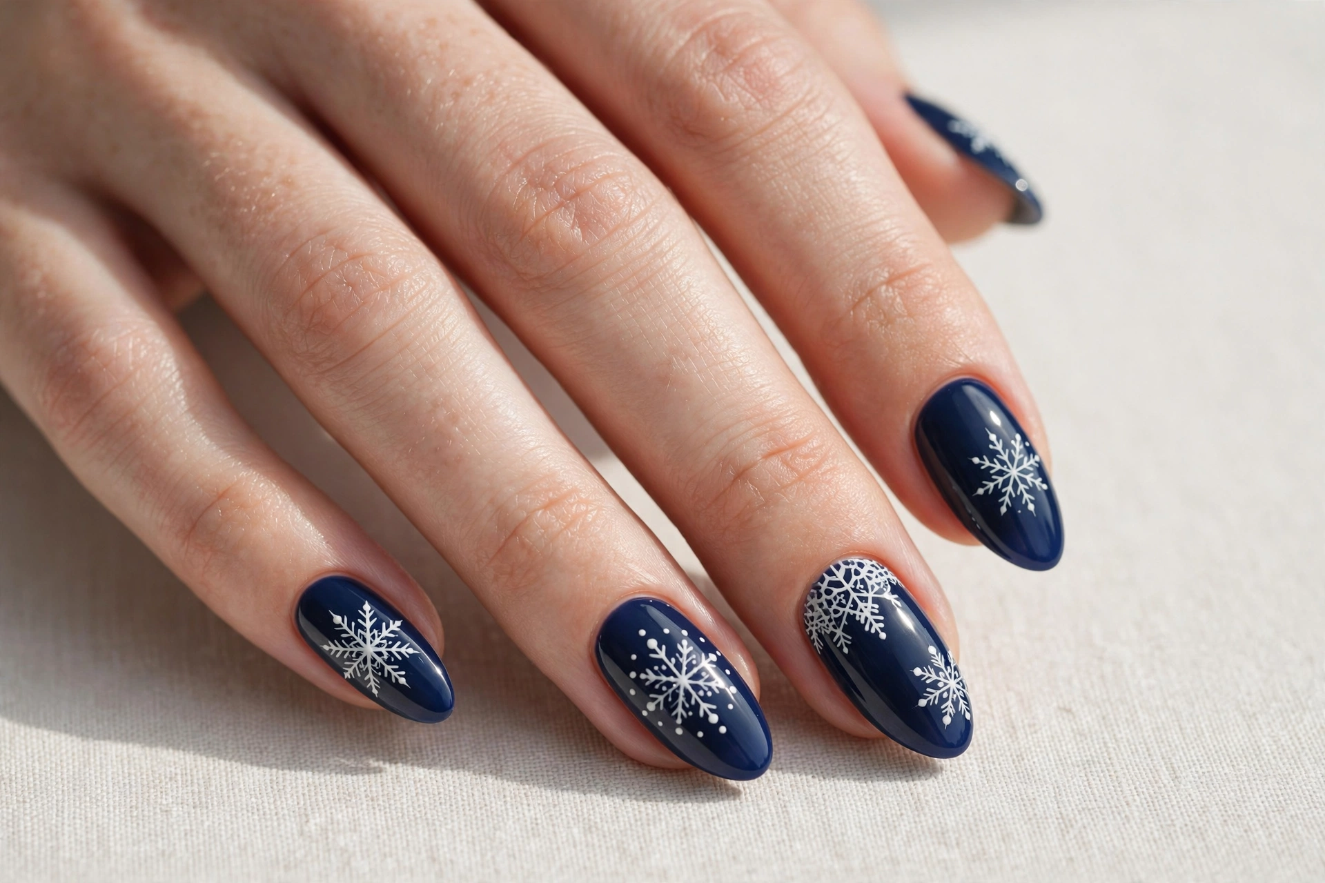 Navy blue nails with white snowflake nail art