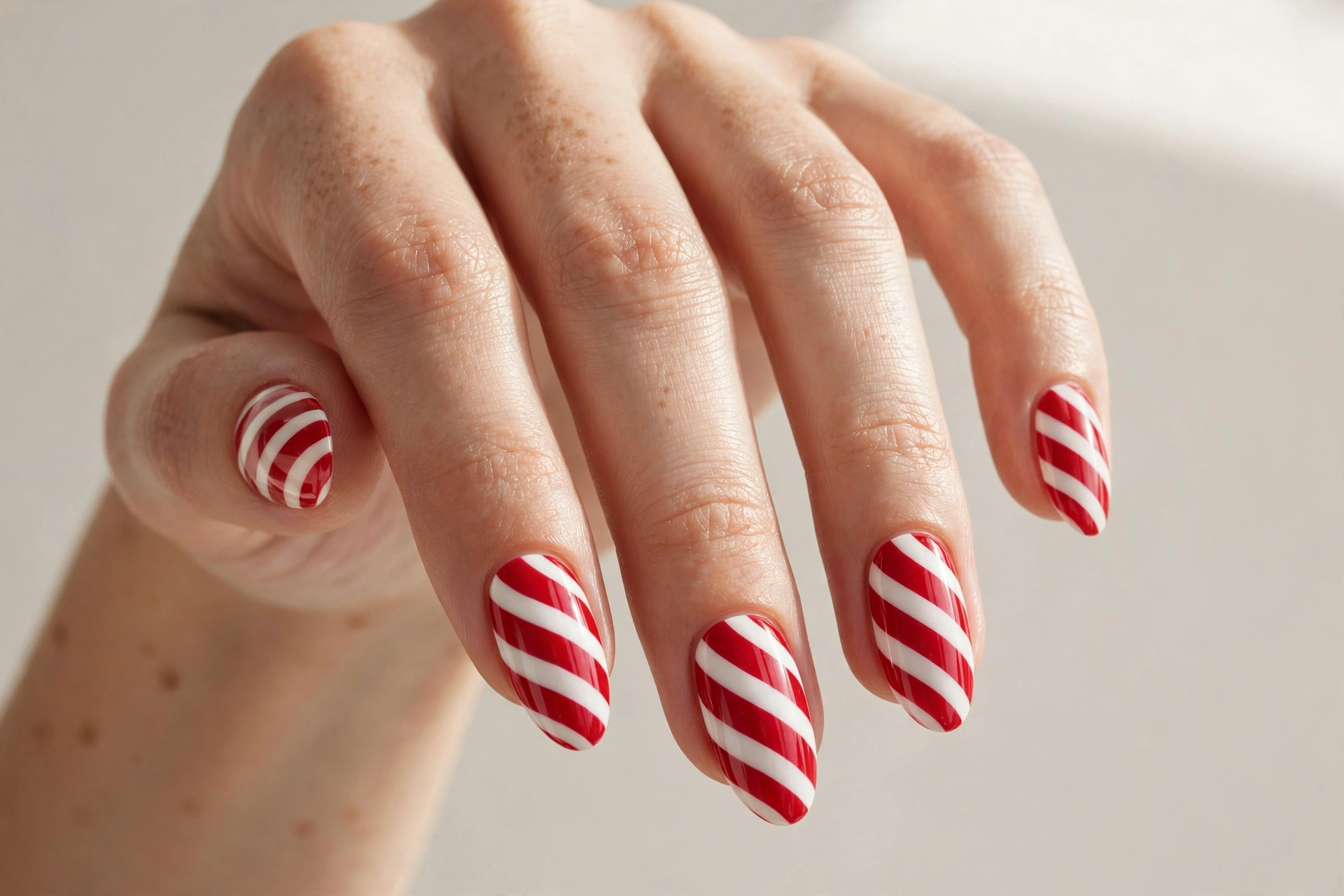 Candy cane red and white striped holiday nail art