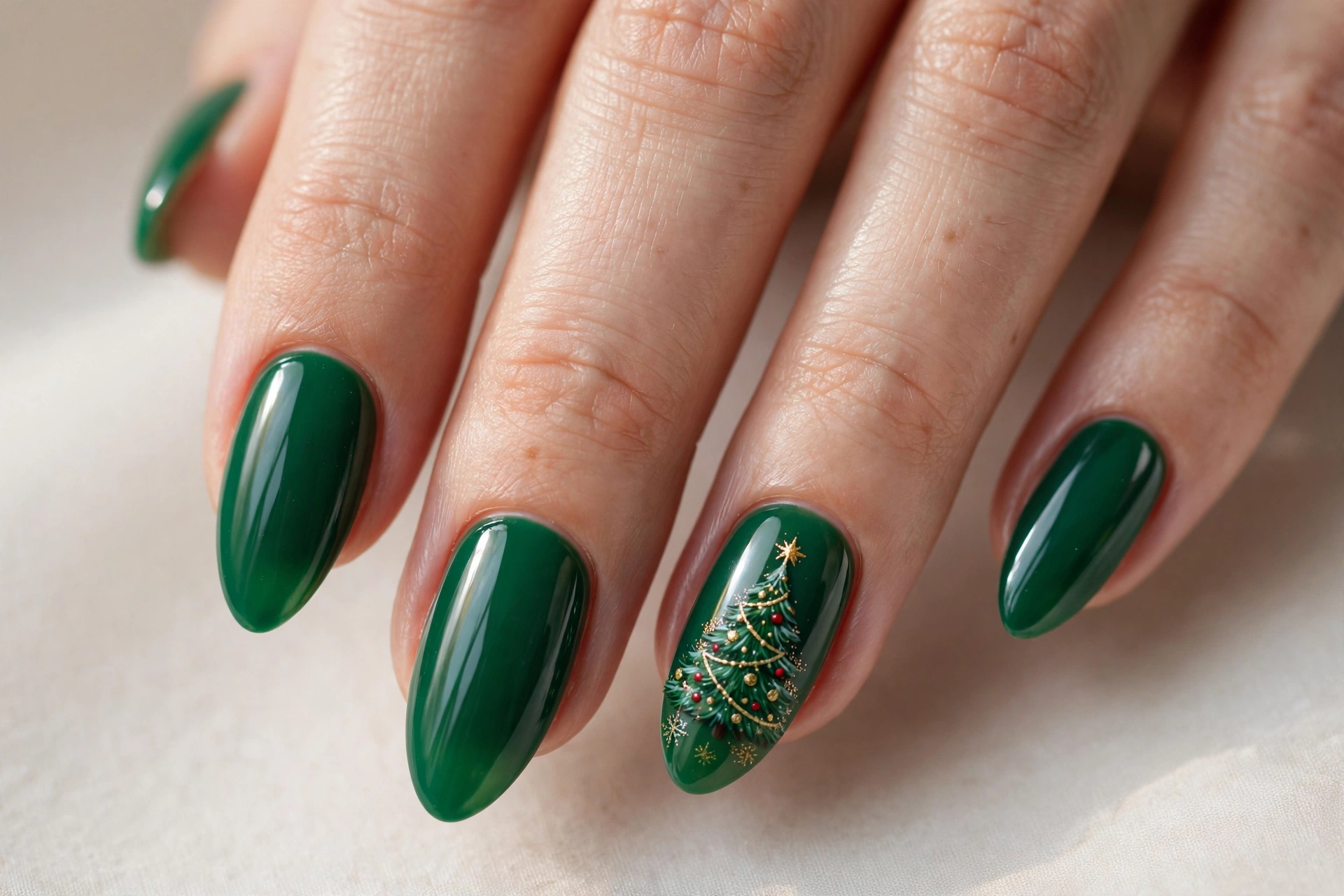 Green nails with Christmas tree accent nail art