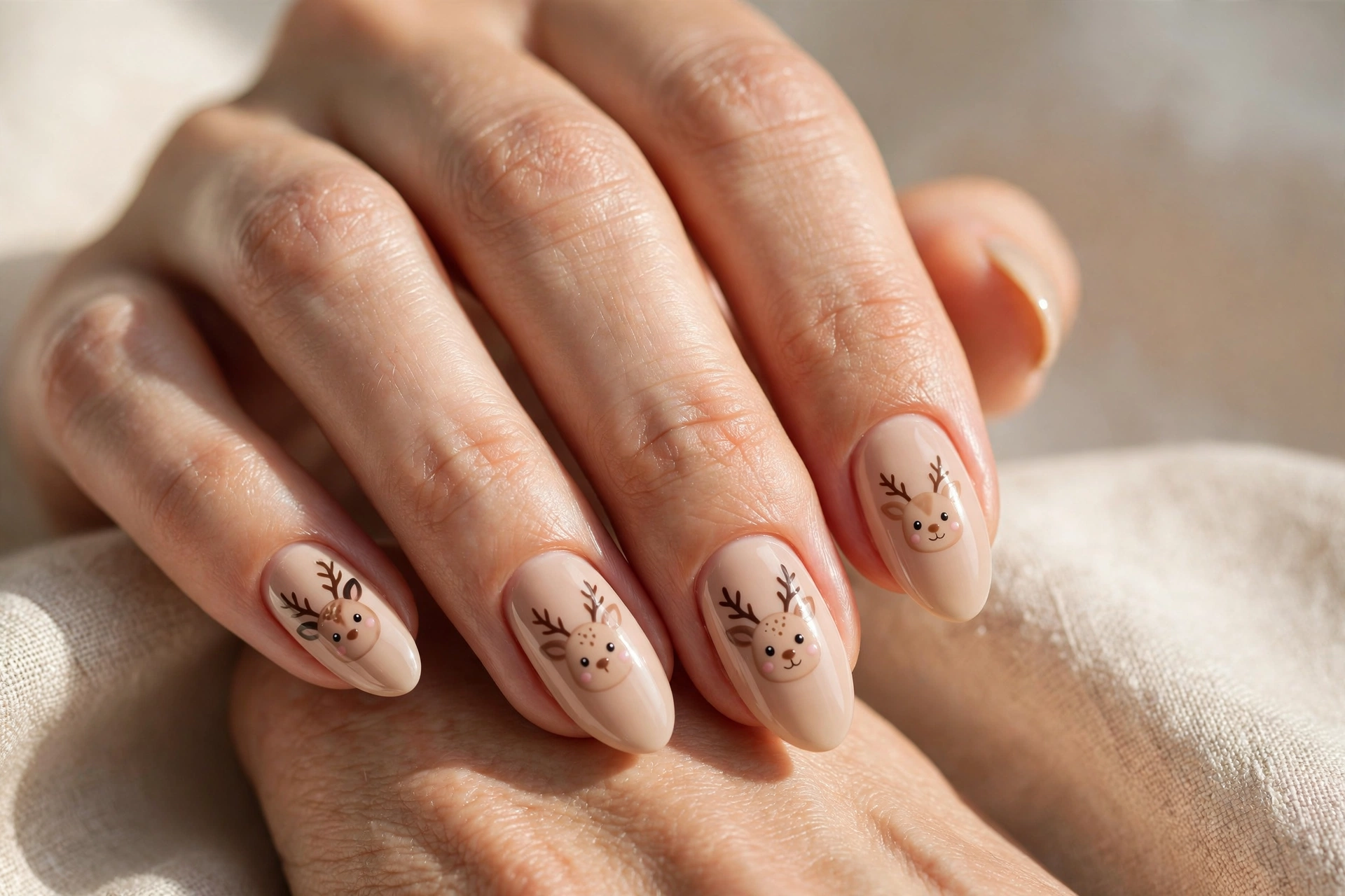 Cute reindeer face nail art on nude holiday nails