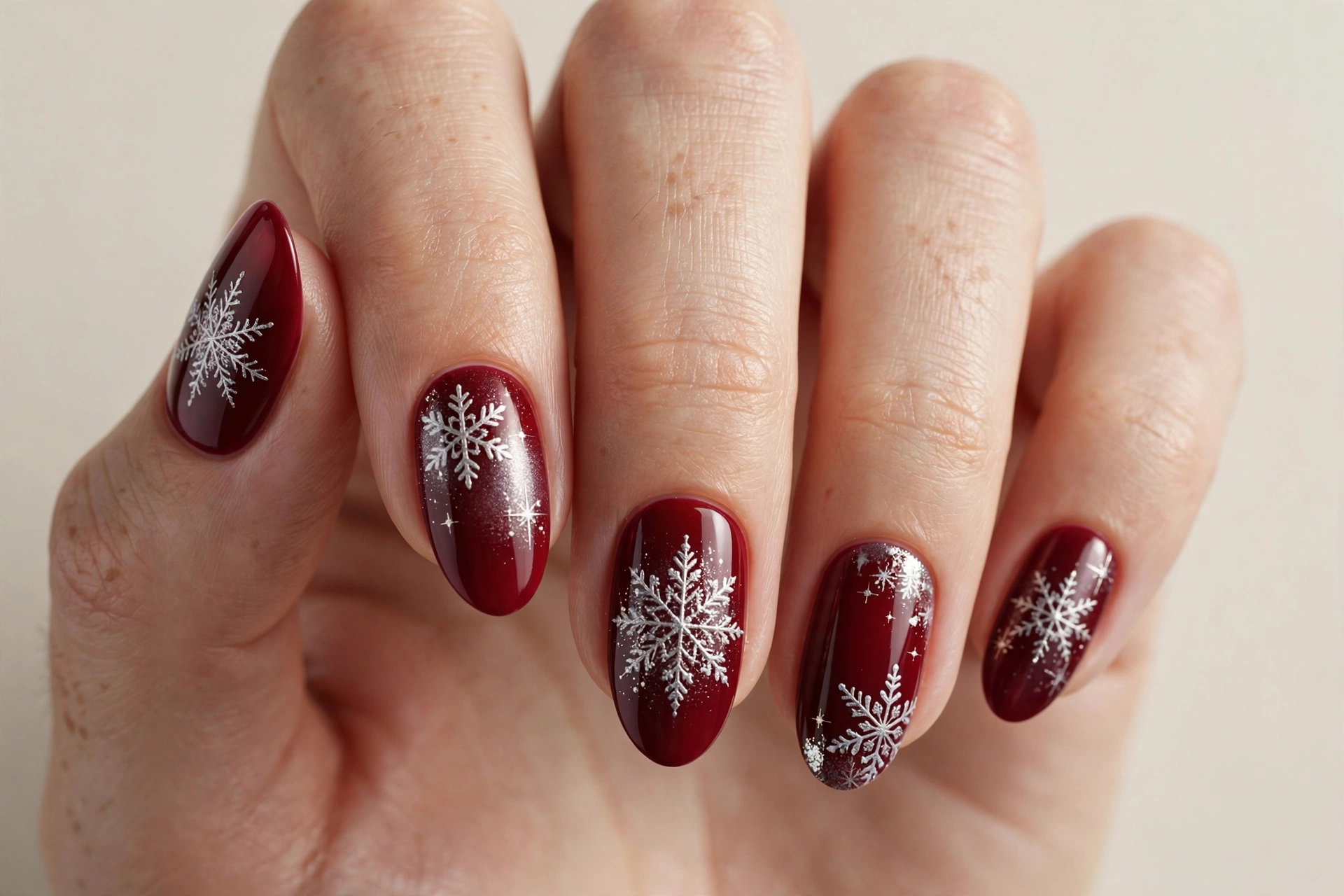 Burgundy holiday nails with silver snowflake nail art