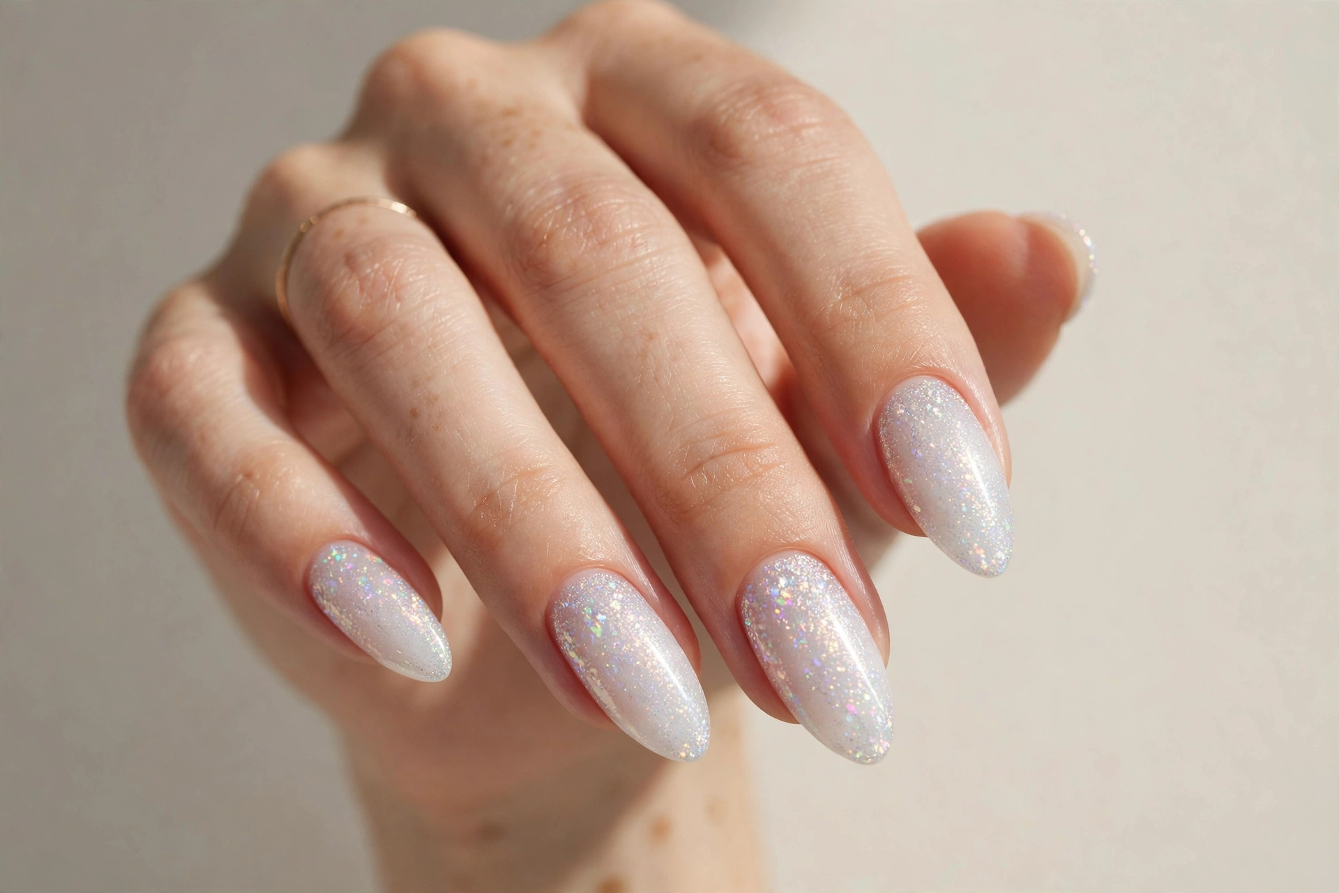 Frosty white nails with holographic glitter holiday manicure
