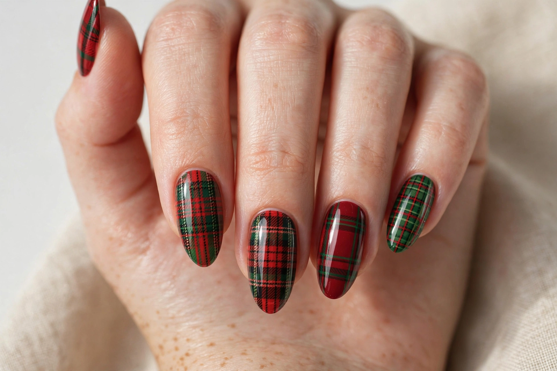 Red and green Christmas plaid pattern holiday nail art