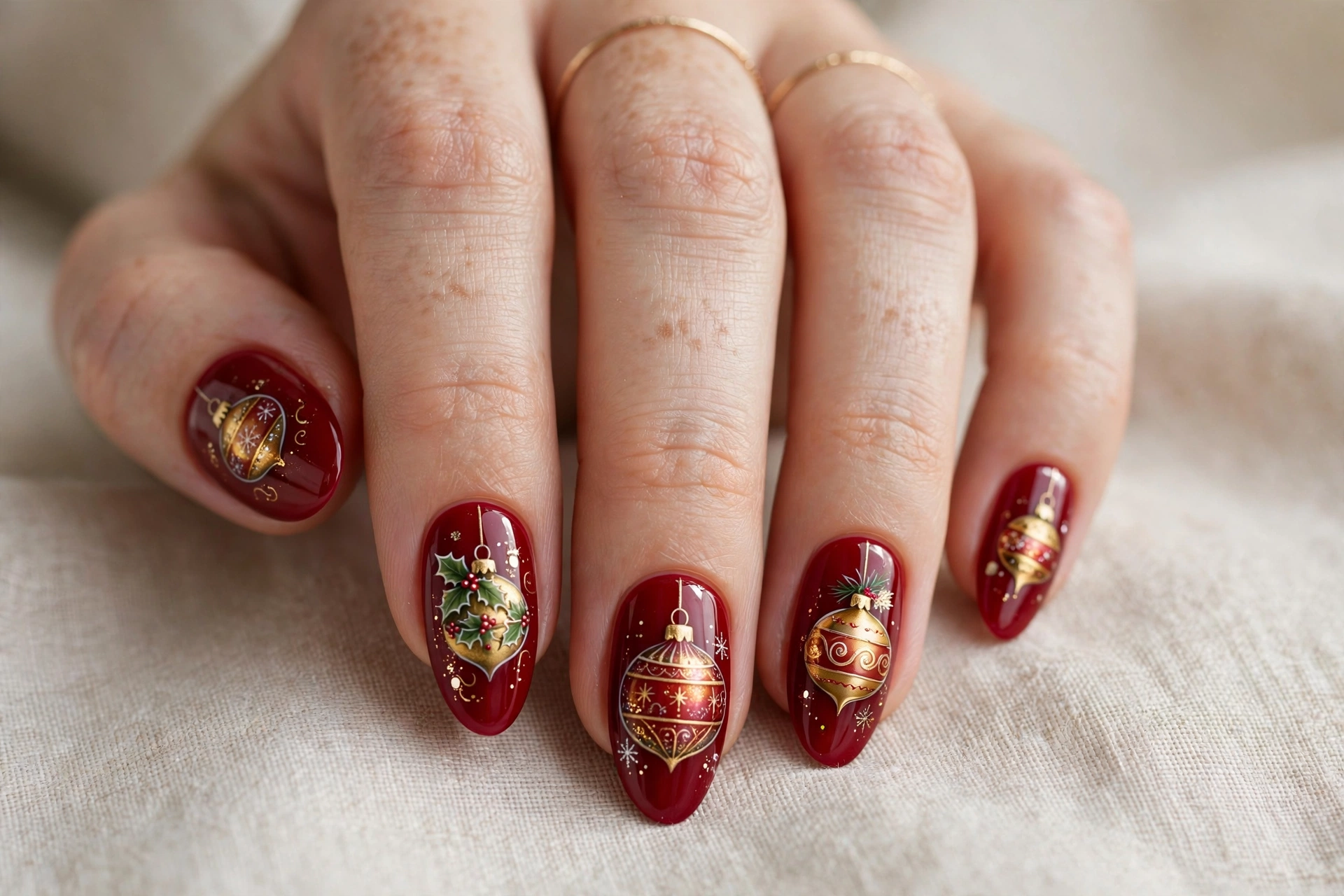 Christmas ornament bauble nail art on red holiday nails