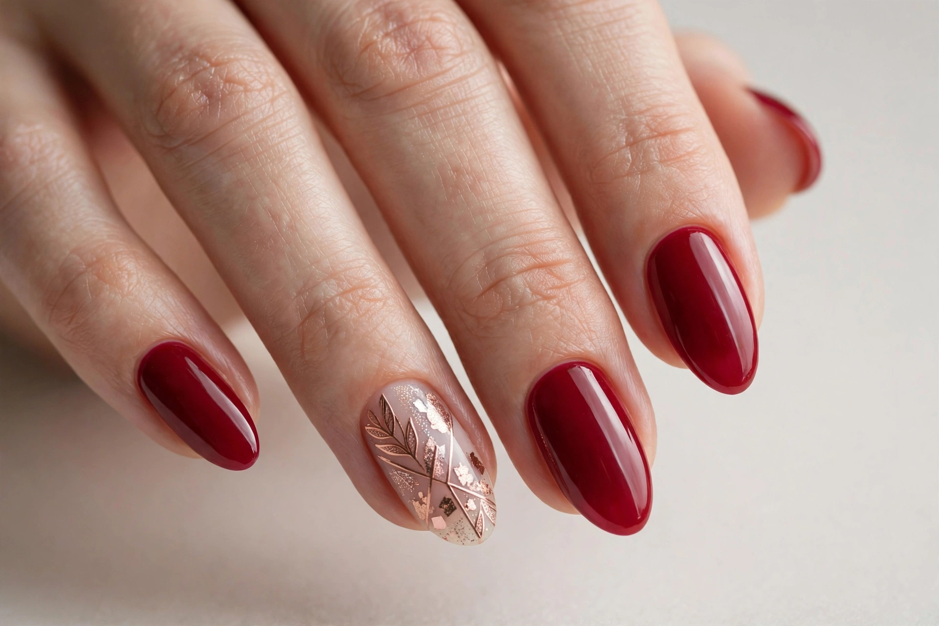 Cranberry red nails with rose gold accent holiday nail art