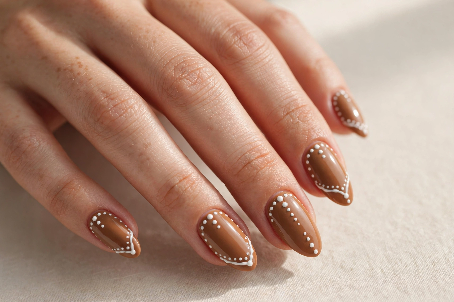 Gingerbread brown nails with white icing dot holiday nail art