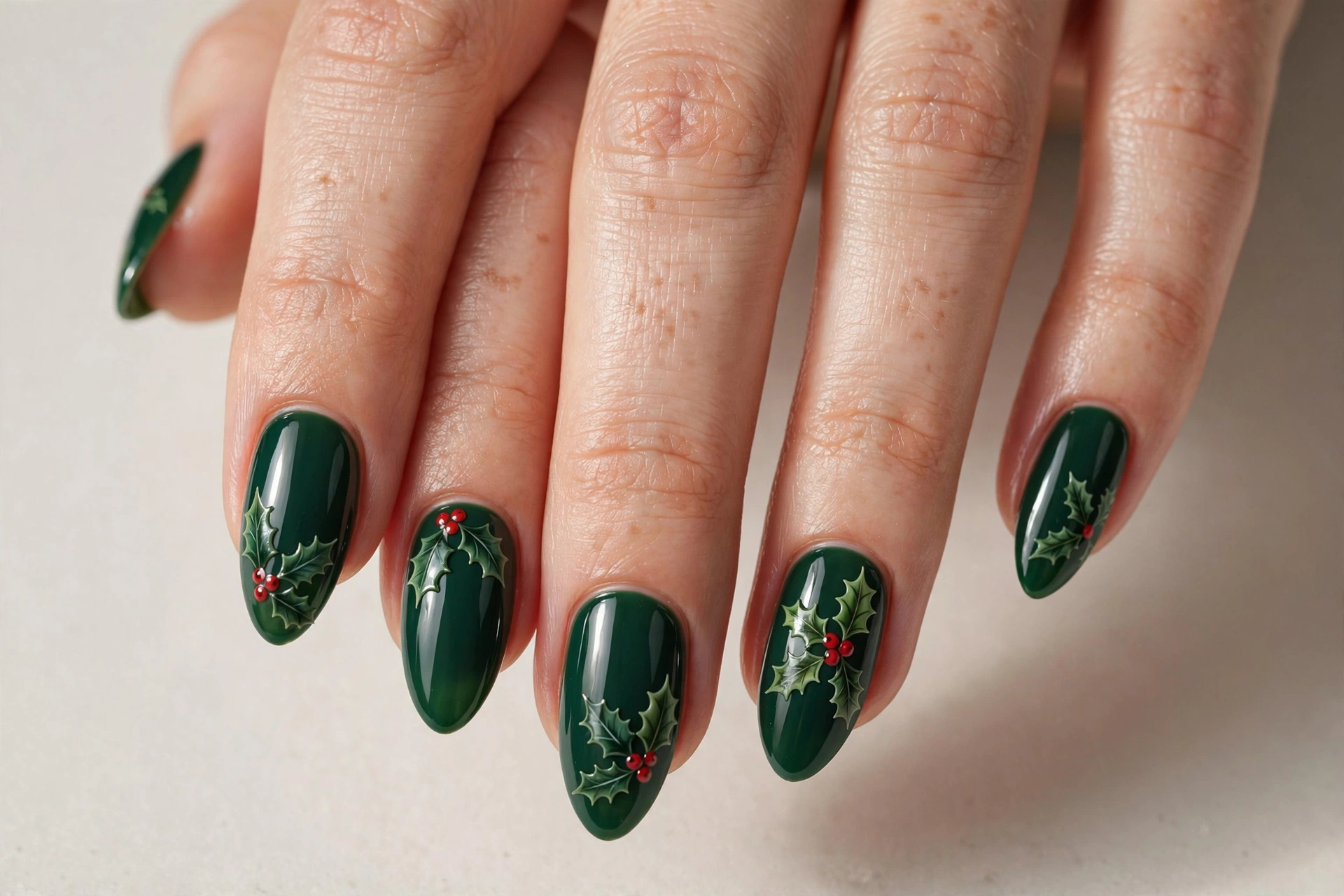 Holly berry nail art on deep green holiday nails