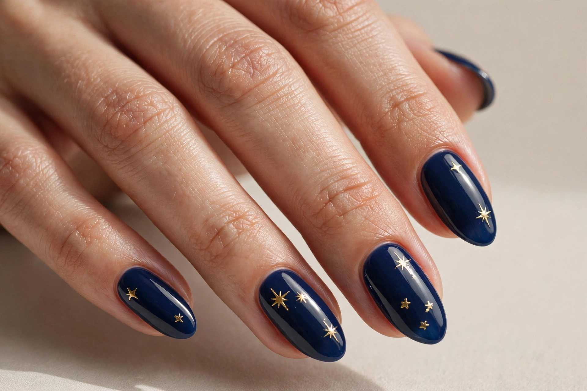 Midnight blue nails with gold star holiday nail art