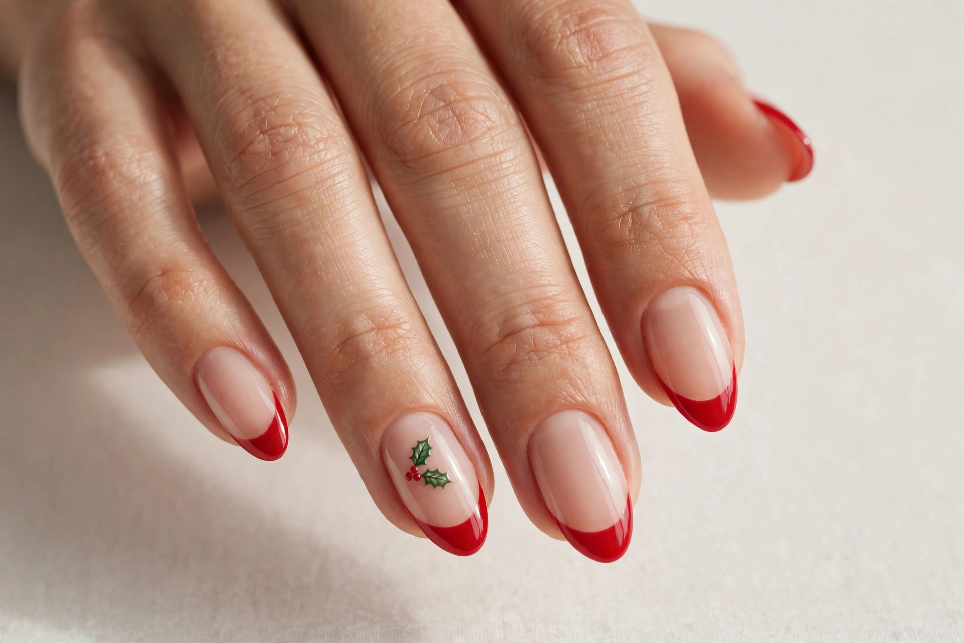 Red French tip nails with tiny holly accent holiday nail art