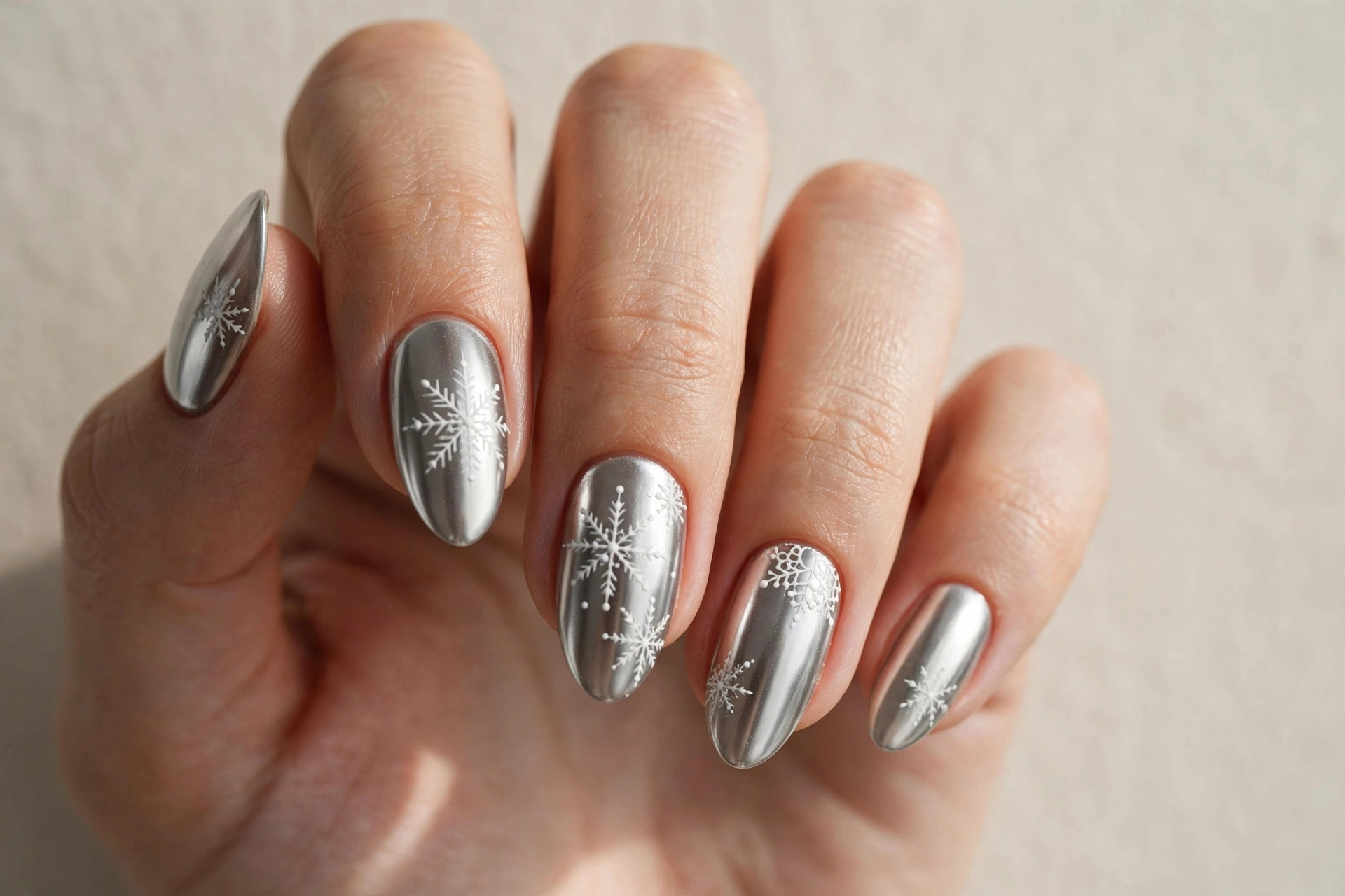 Silver chrome nails with white snowflake holiday nail art