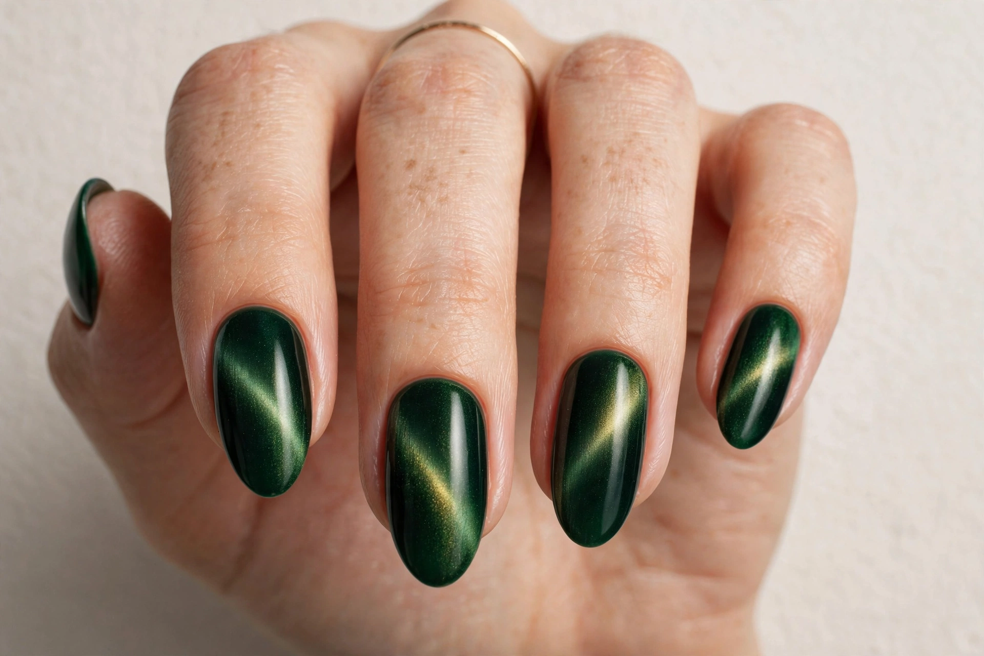Deep green velvet cat eye effect holiday nails